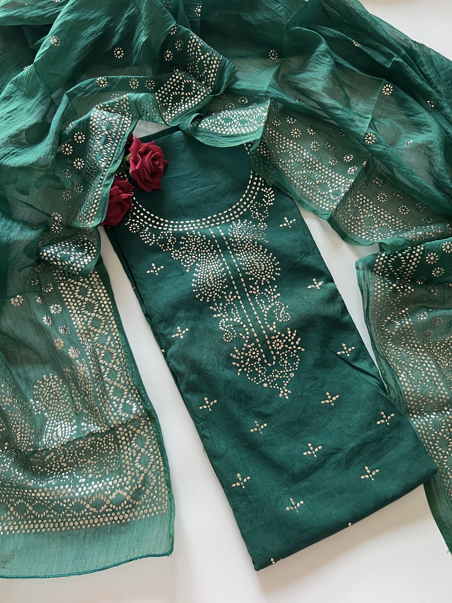 Green Mul Chanderi dress material with mukaish
