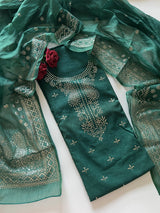 Green Mul Chanderi dress material with mukaish