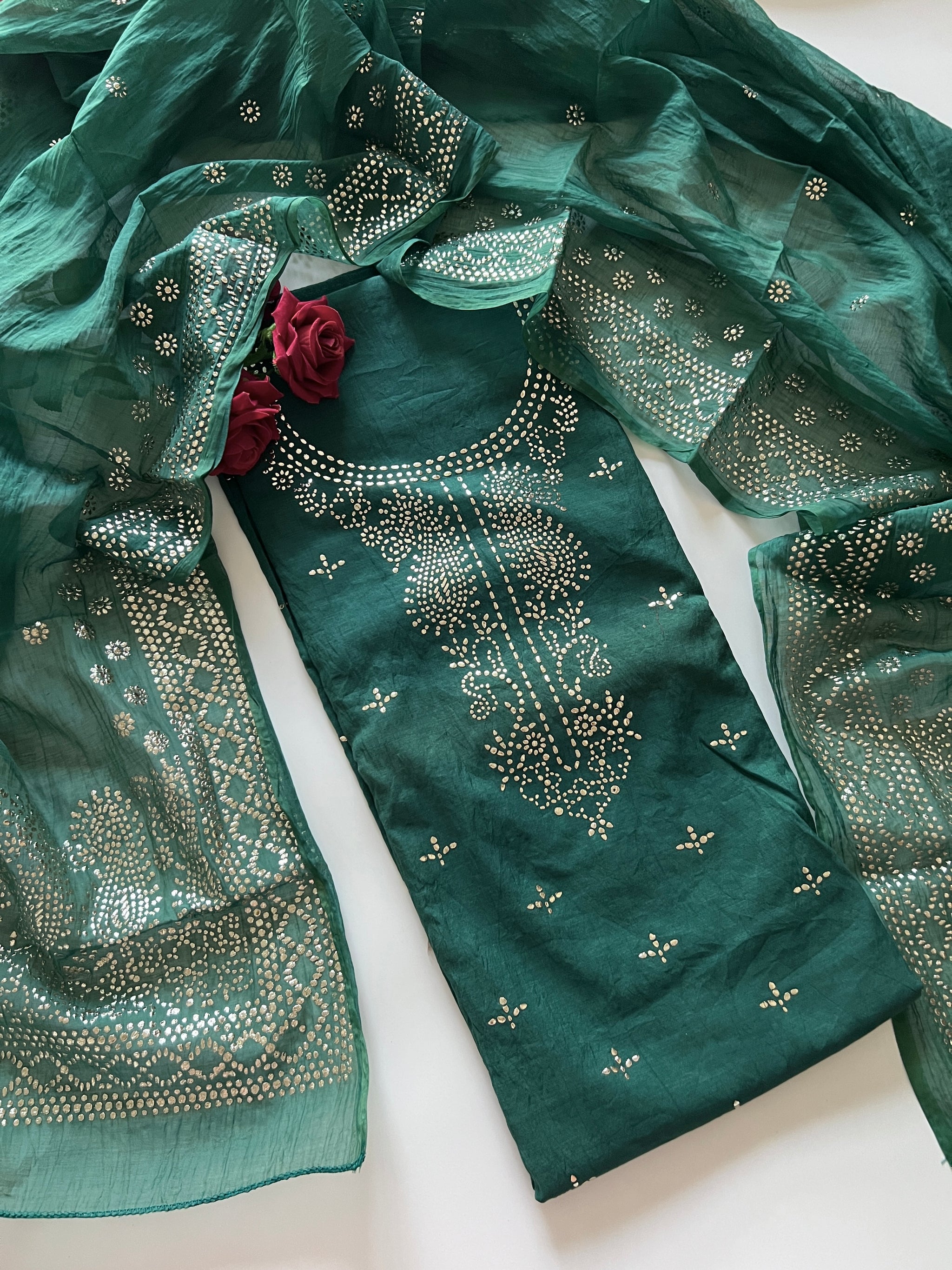 Green Mul Chanderi dress material with mukaish