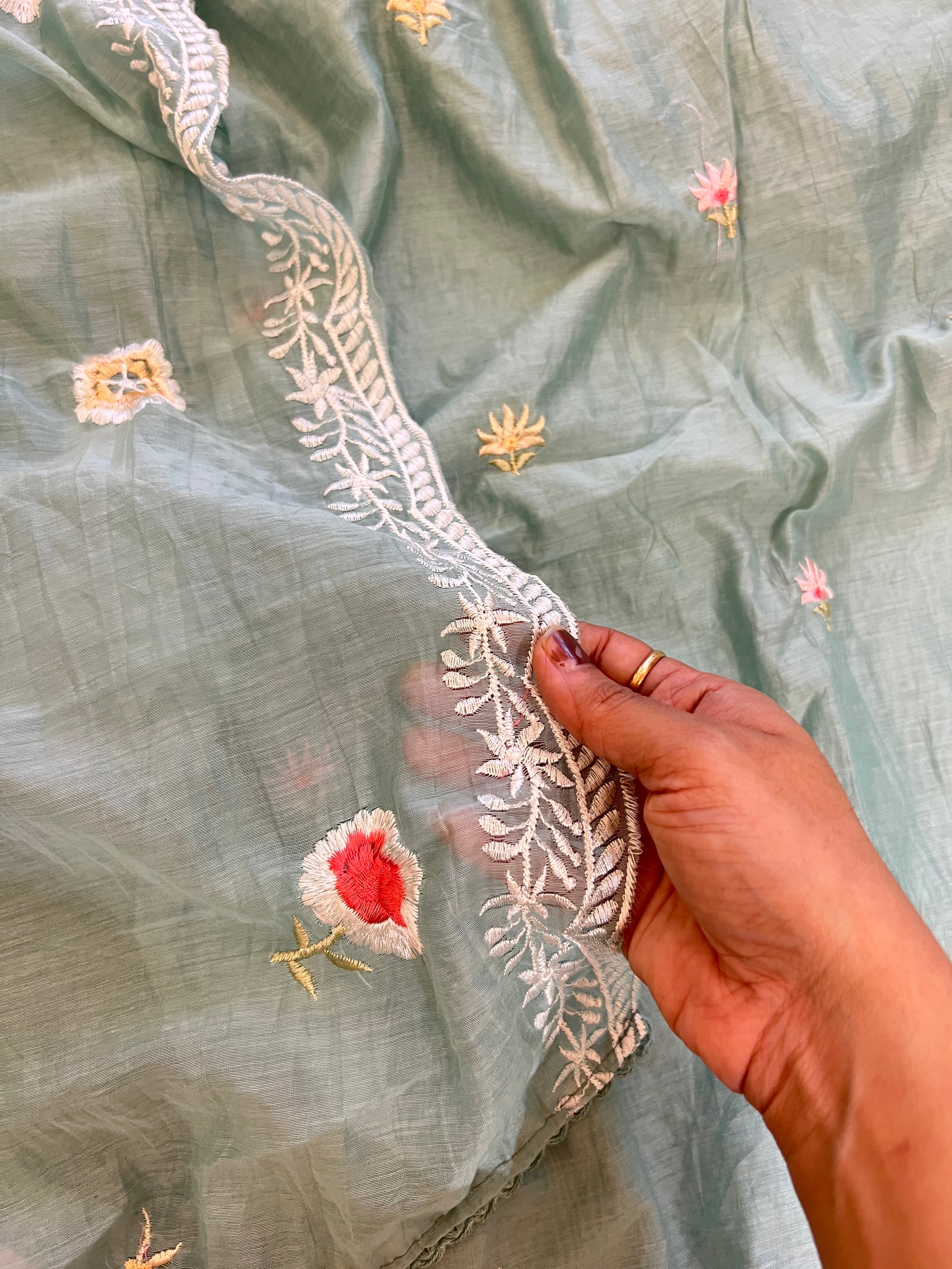 Blue Mul Chanderi Thread embroidered Unstitched Suit