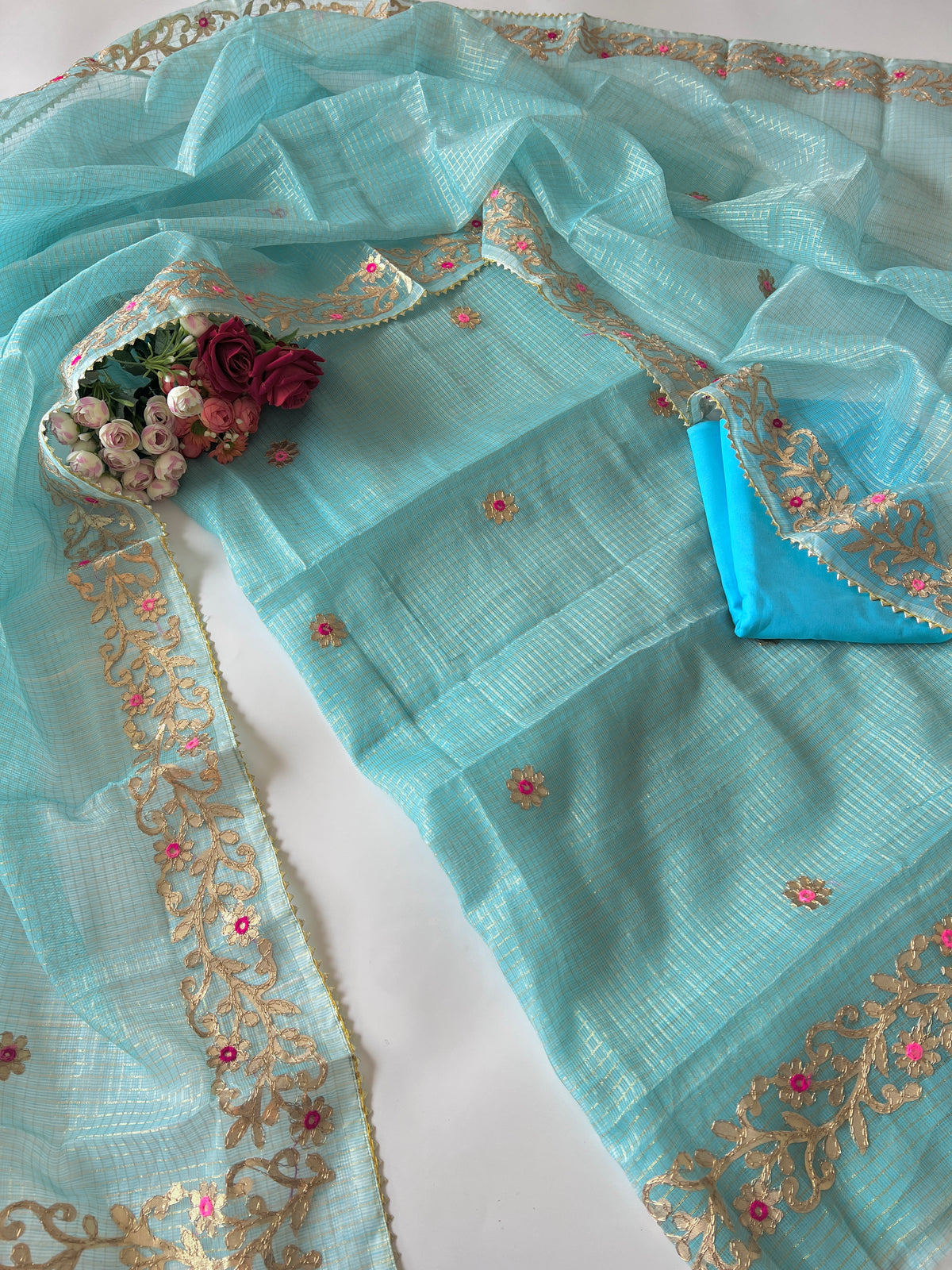 Blue Kotta with gotta embroidered kurta dupatta set Unstitched
