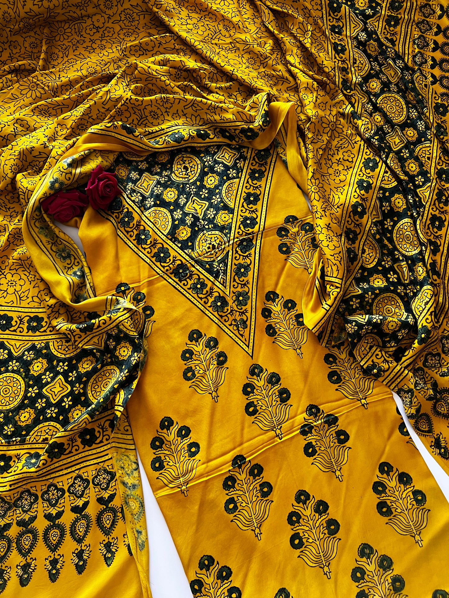 Yellow Original Handblock Ajrakh print on Modal fabric Unstitched suit set