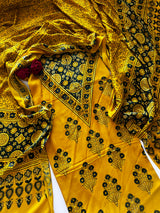 Yellow Original Handblock Ajrakh print on Modal fabric Unstitched suit set