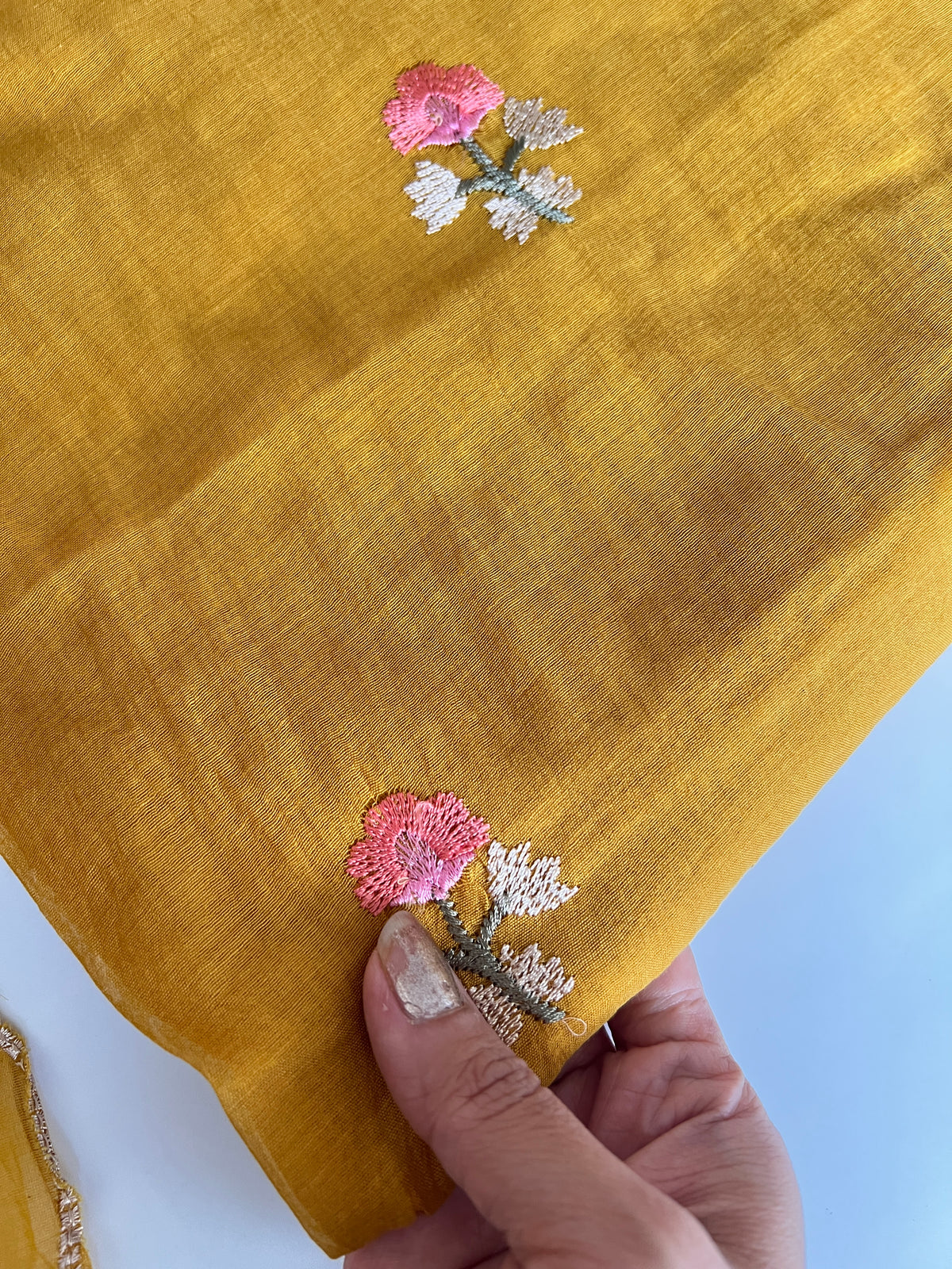 Yellow Mul chanderi full embroidery dupatta thread work unstitched suit