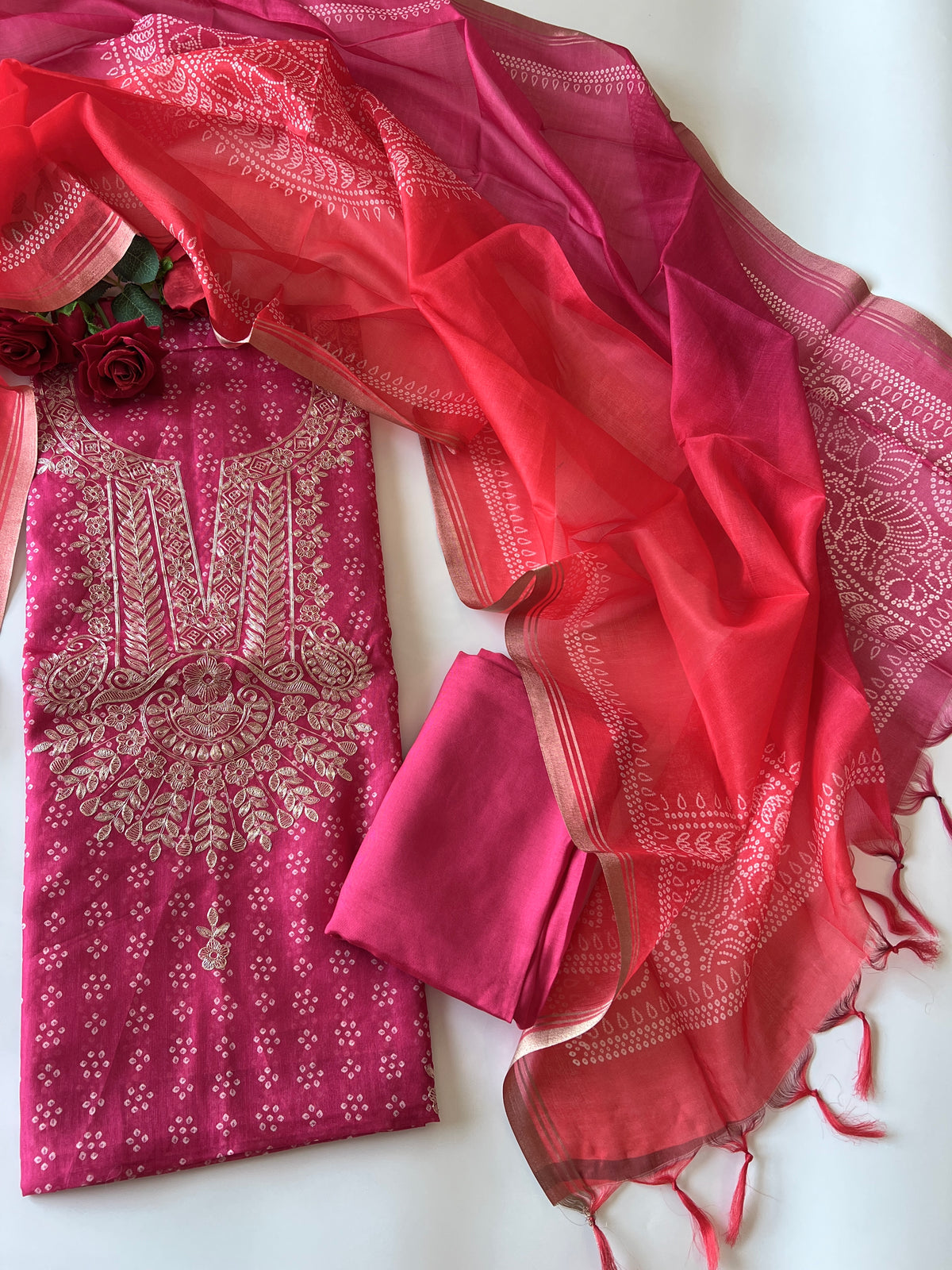 Pink soft Organza crepe with Pitta work and bandej