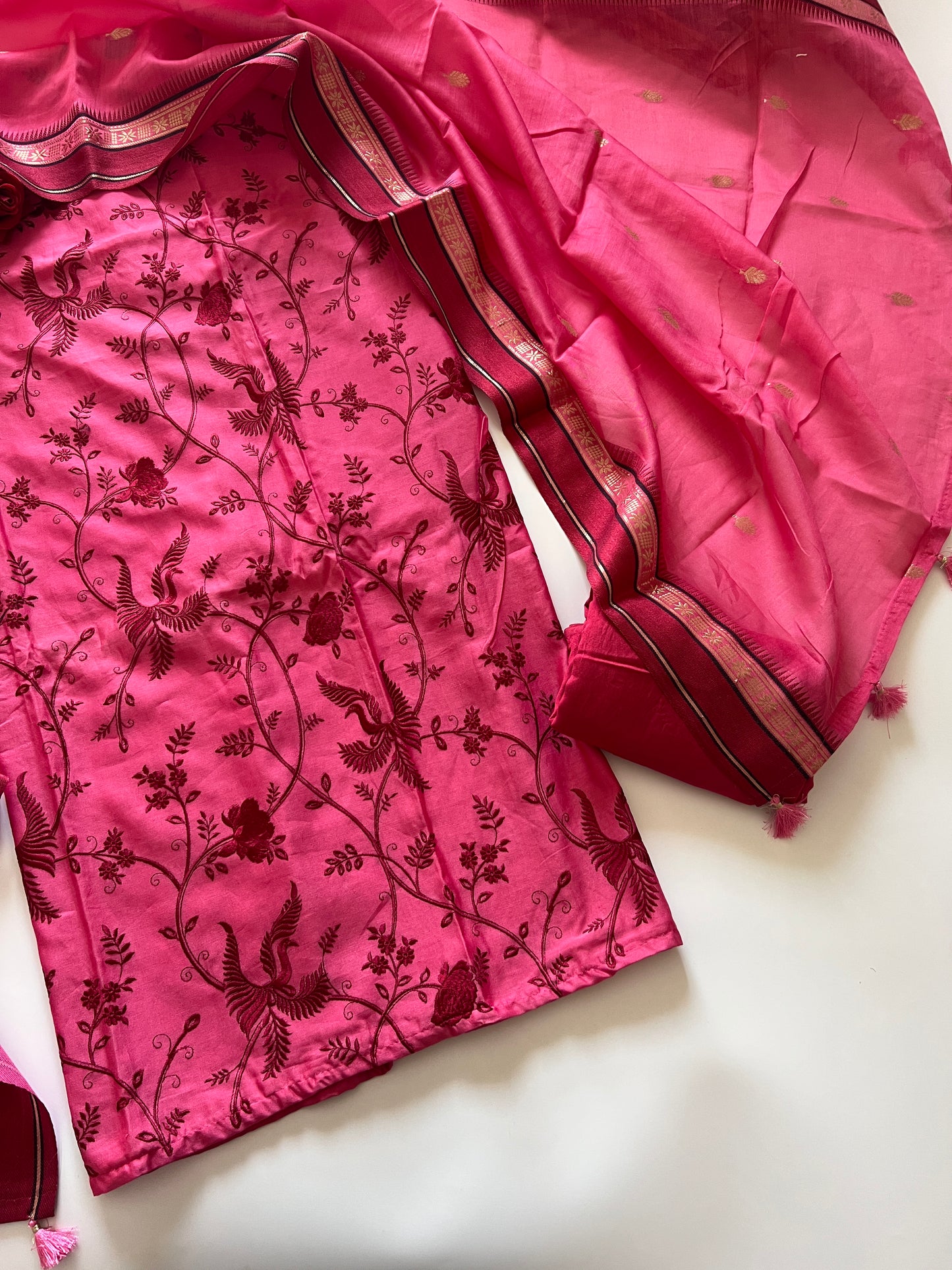 Pink Pure Chanderi Parsi Thread embroidered Unstitched Suit