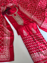 Red Gajji Silk With gotta work neck Unstitched suit