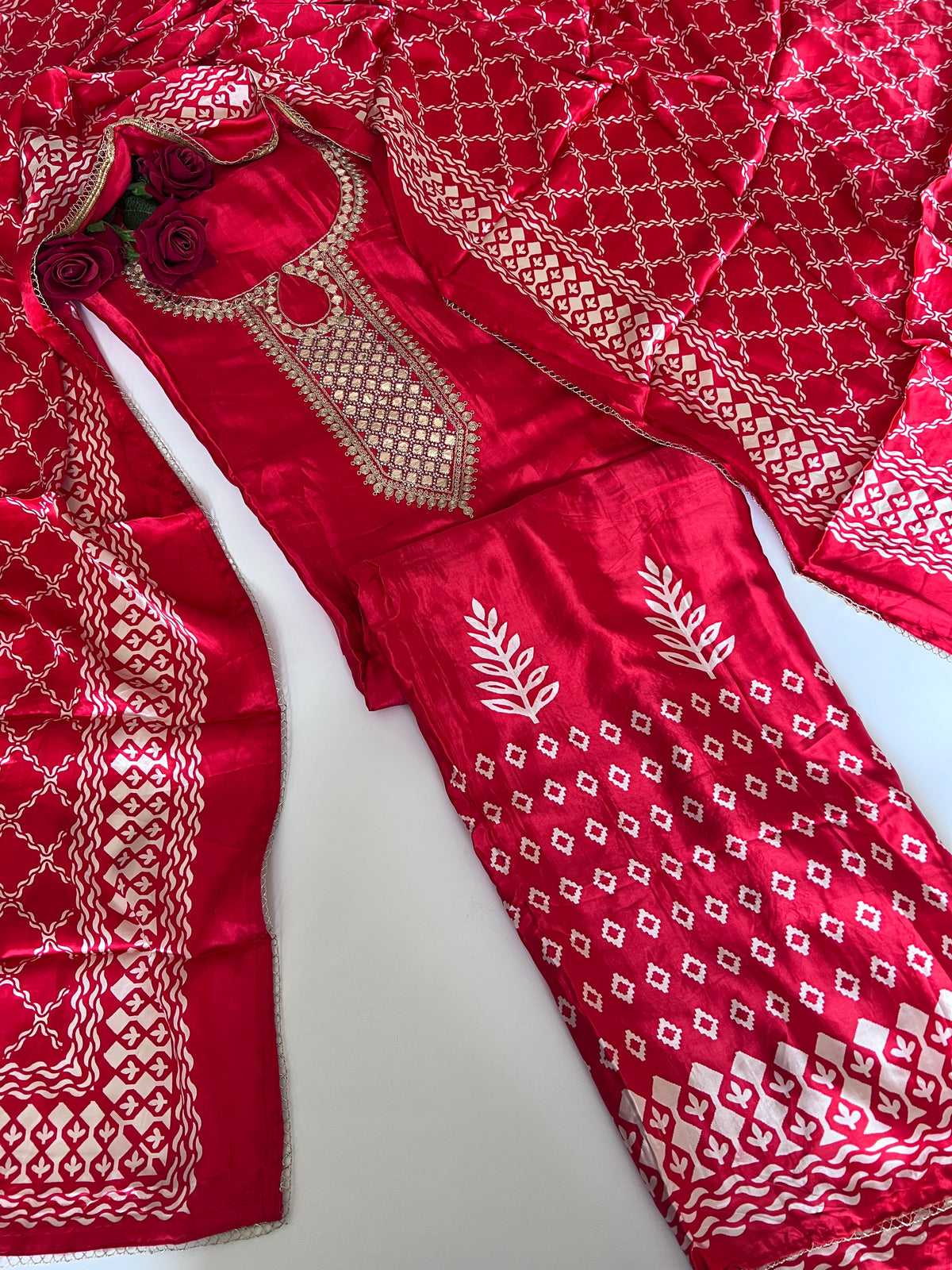 Red Gajji Silk With gotta work neck Unstitched suit
