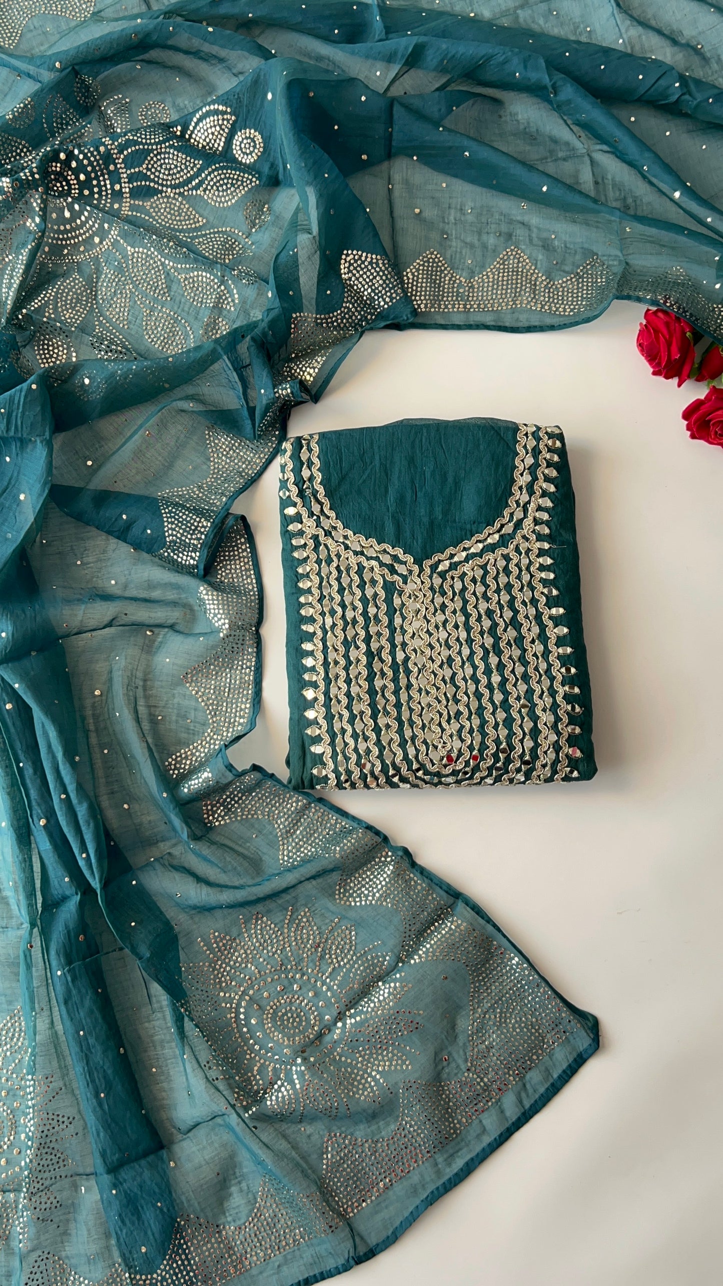 Mirror work on Mul Chanderi dress material with mukaish work dupatta