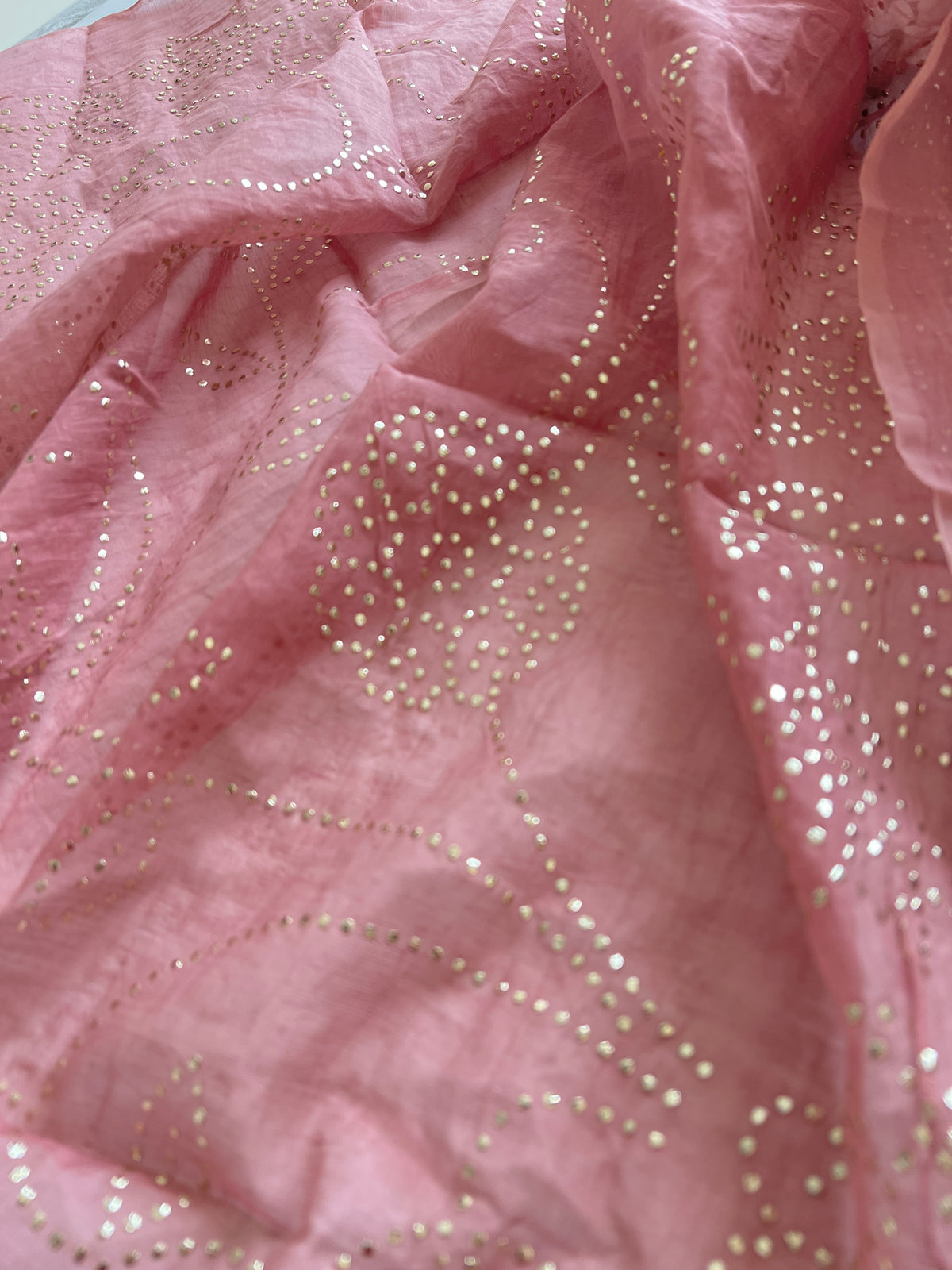 Pastel Pink Mul Chanderi dress material with pitta and mukaish work dupatta