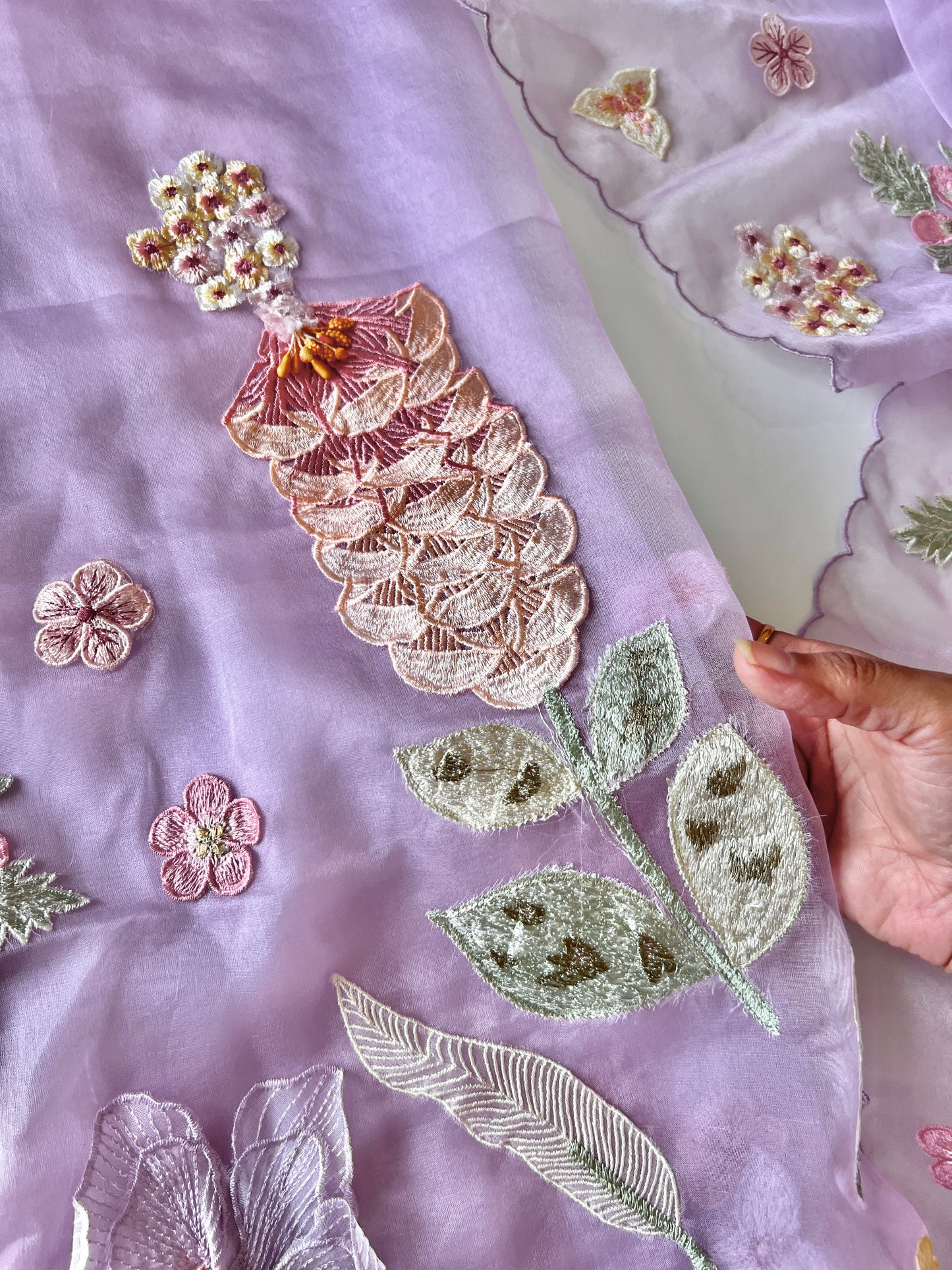 Purple 3D Embroidery on semi Organza premium unstitched dress material with floral work