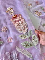Purple 3D Embroidery on semi Organza premium unstitched dress material with floral work