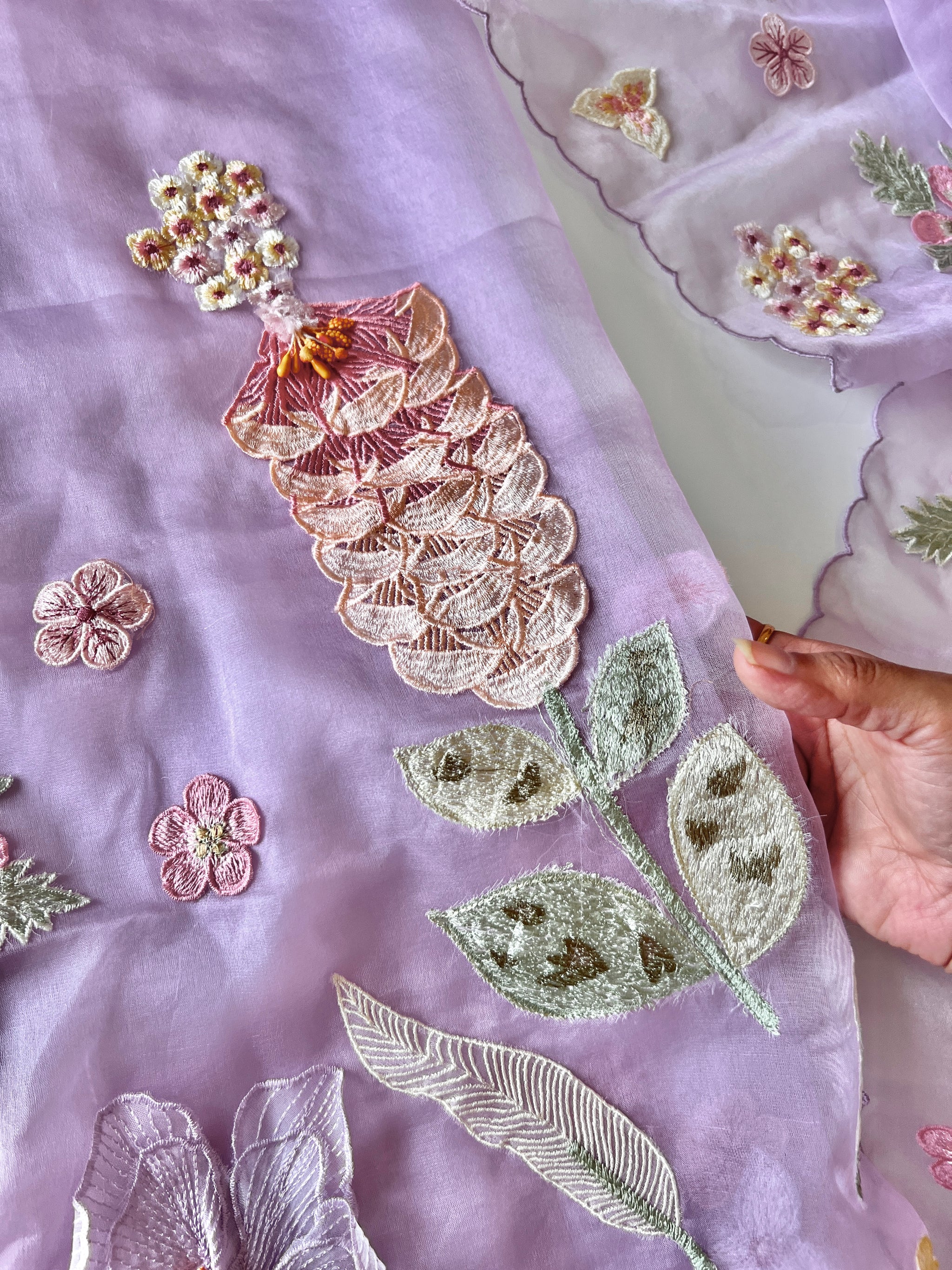 Purple 3D Embroidery on semi Organza premium unstitched dress material with floral work