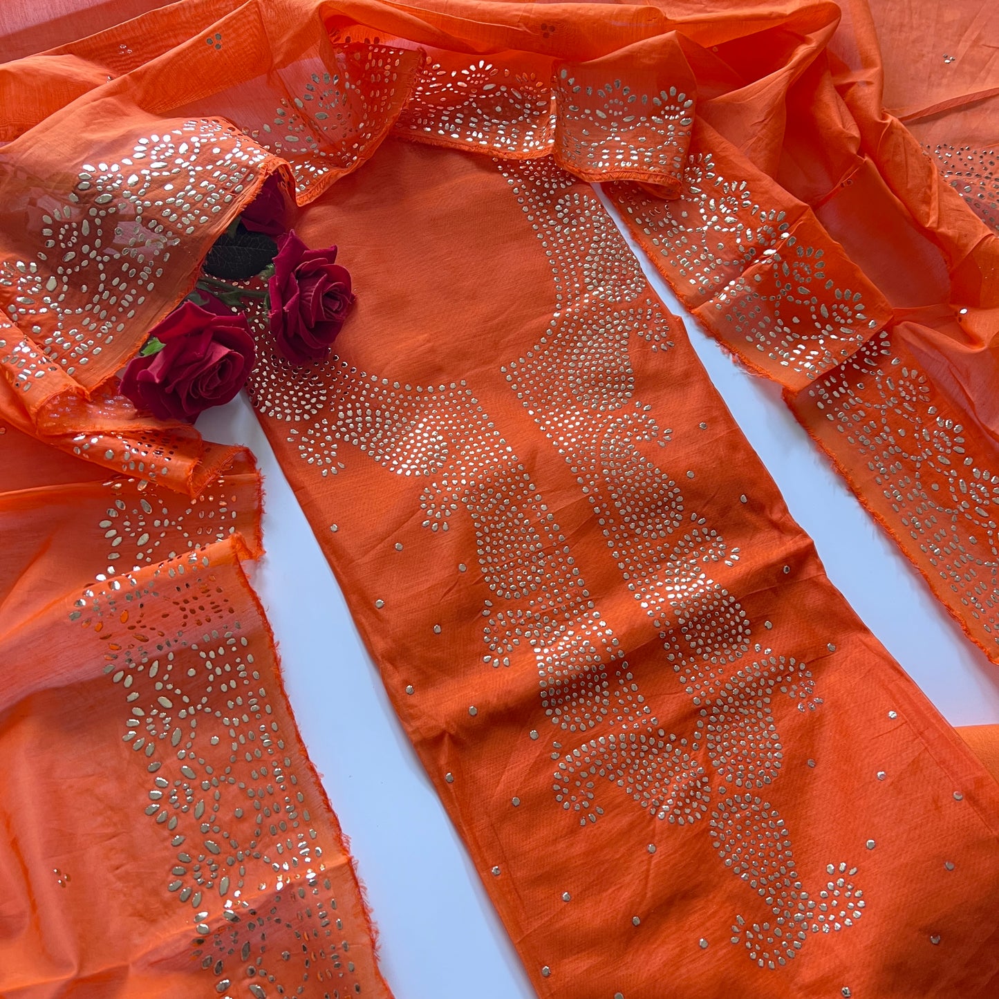 Orange Mul Chanderi dress material with mukaish -Paisley