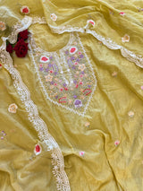 Yellow Mul Chanderi Thread embroidered Unstitched Suit