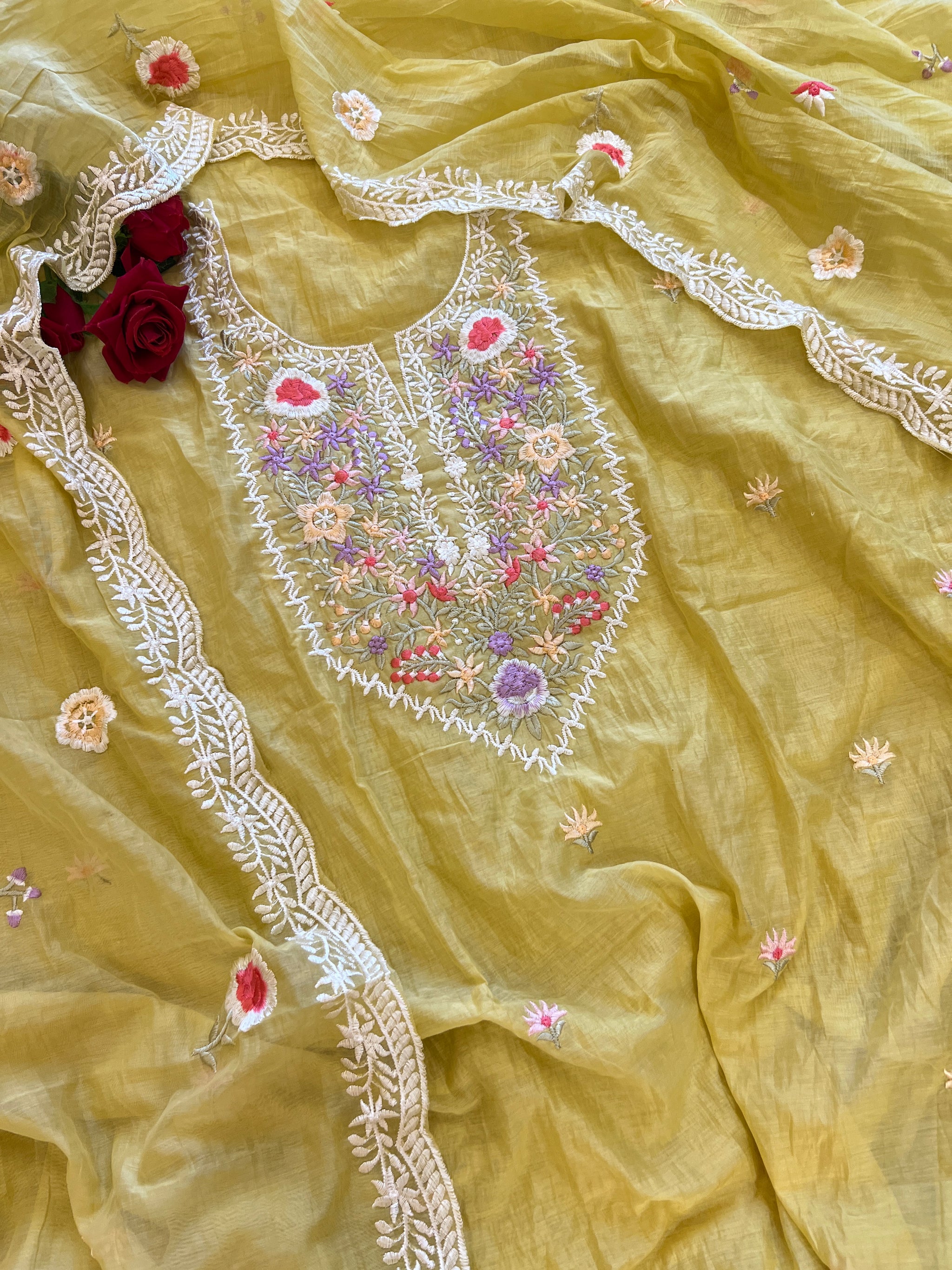 Yellow Mul Chanderi Thread embroidered Unstitched Suit