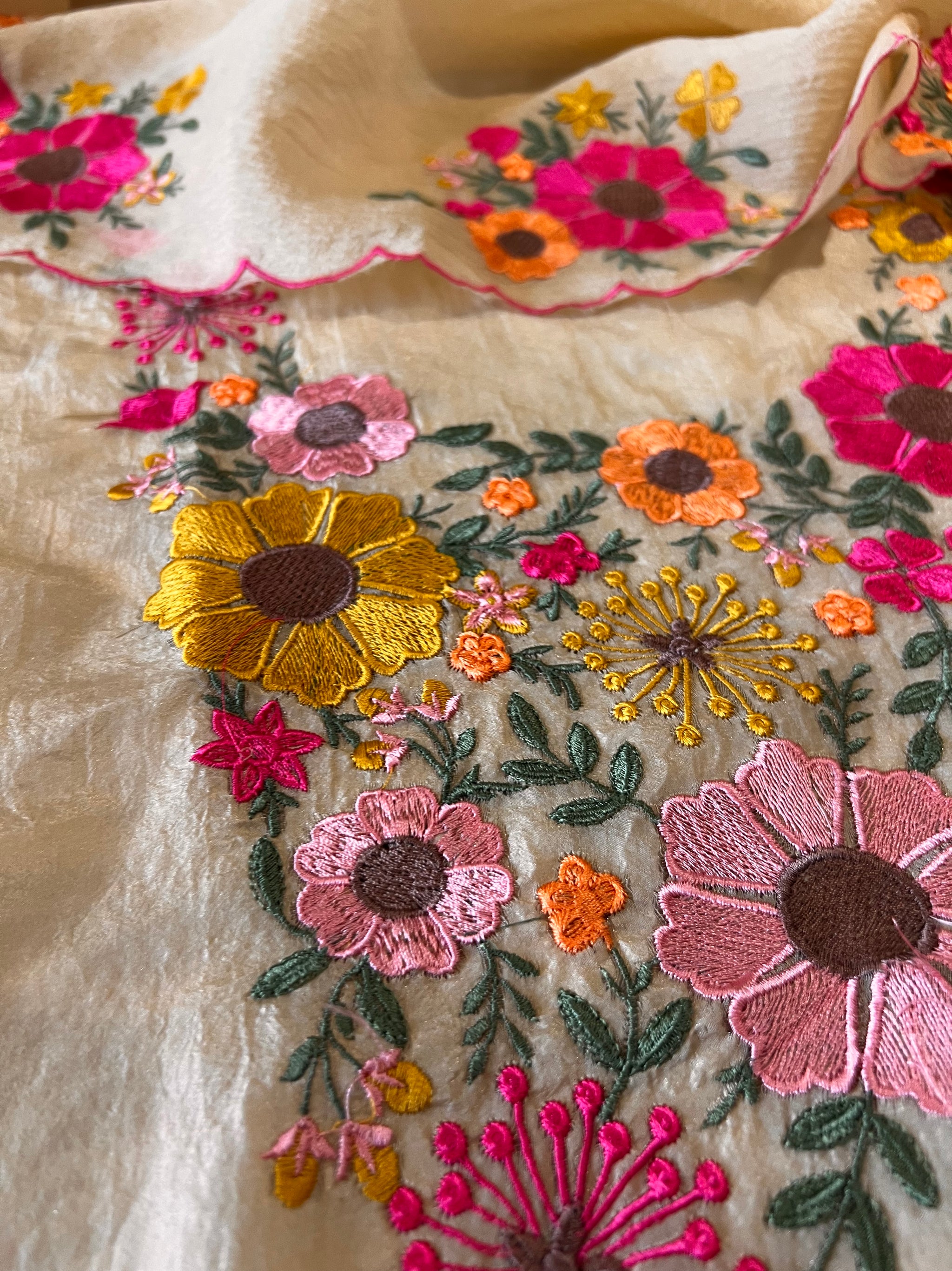 Sunflower Embroidery Crush tissue Silk Dress material