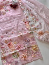 Pink 3D Embroidery on semi Organza premium unstitched dress material with floral work