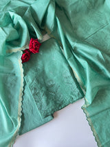 Green Pure Chanderi patchwork Embroidery scallop unstitched suit