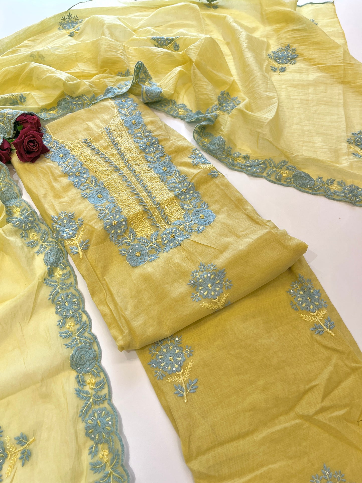 Yellow Mul Chanderi embroidered Unstitched Suit