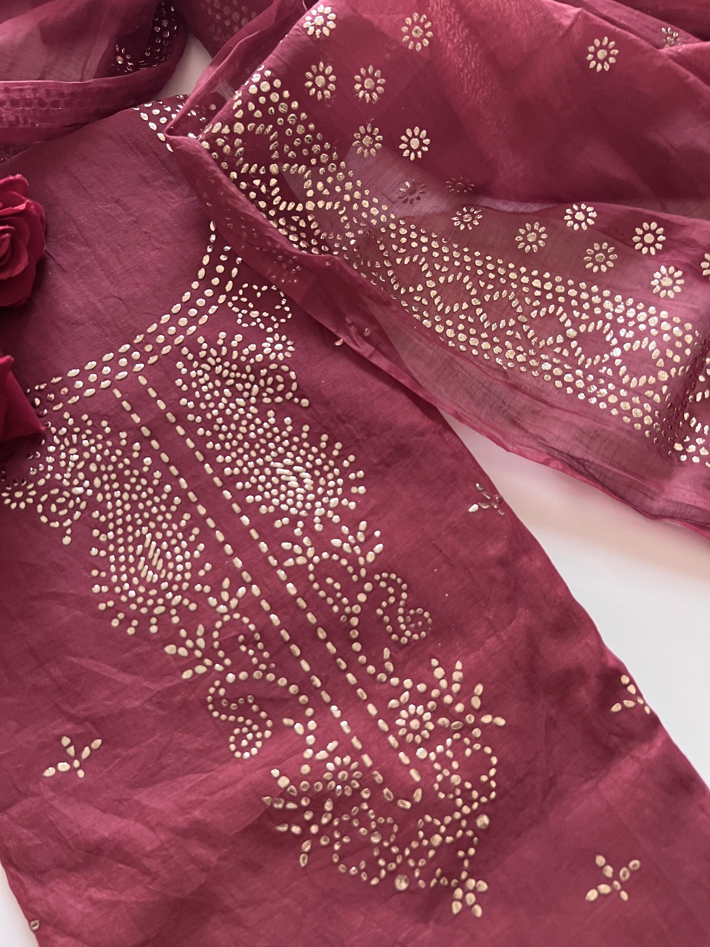 Maroon Mul Chanderi dress material with mukaish
