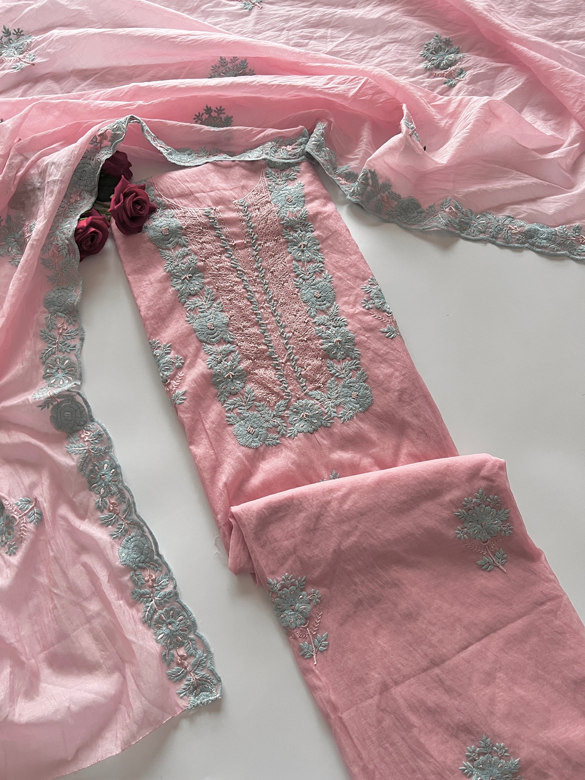 Pink Mul Chanderi embroidered Unstitched Suit