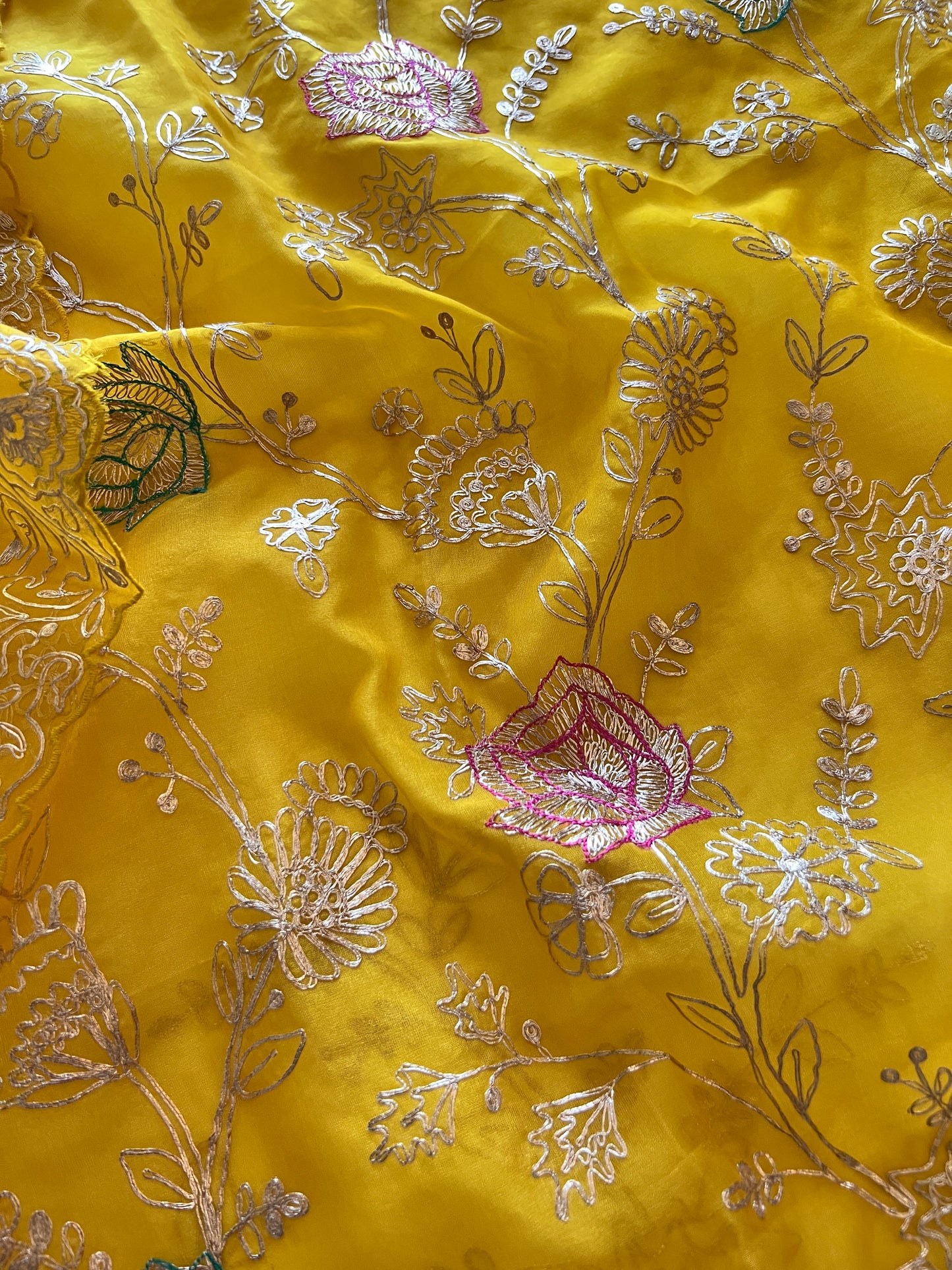 Pure Silk Organza Full embroidered premium unstitched suit in yellow