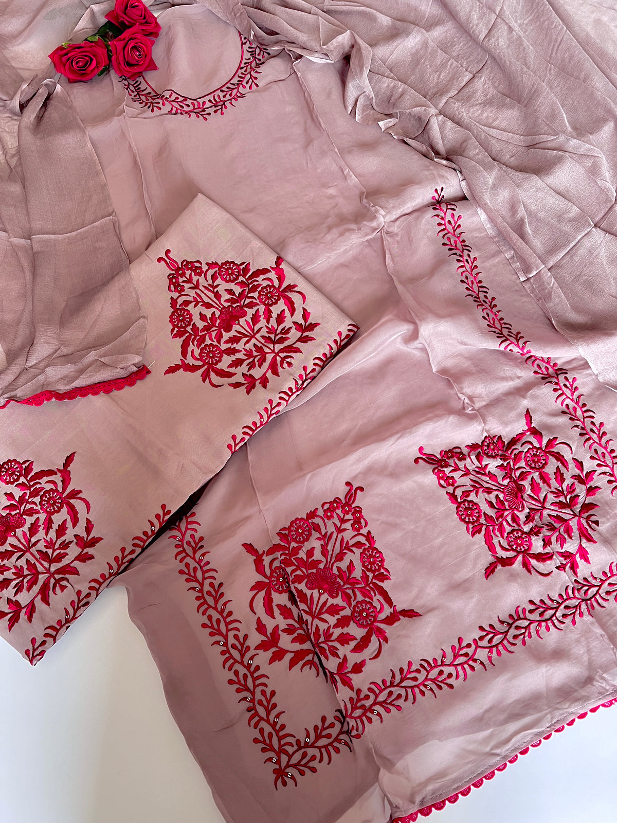 Laal Dhaga Mouse Organza Unstitched Suit with Embroidered Salwar | 3 Pc
