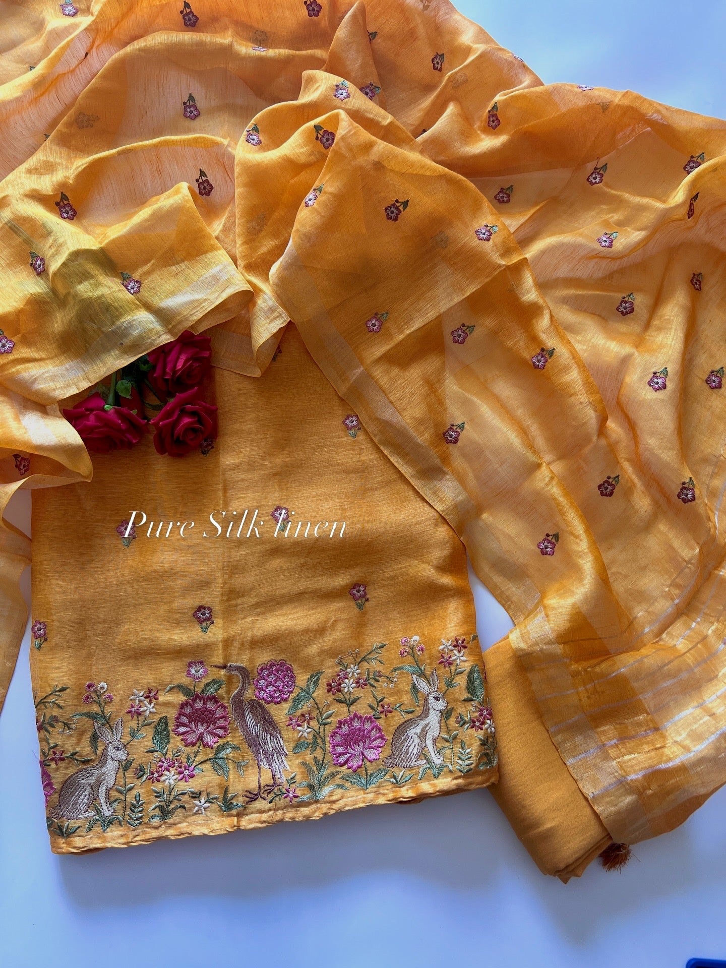 Yellow Pure Silk Linen embroidered premium unstitched dress material
