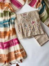 Linen with multi color embroidery and dupatta,, Unstitched suit material