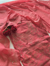 Mul Chanderi dress material with mukaish -Flamingo