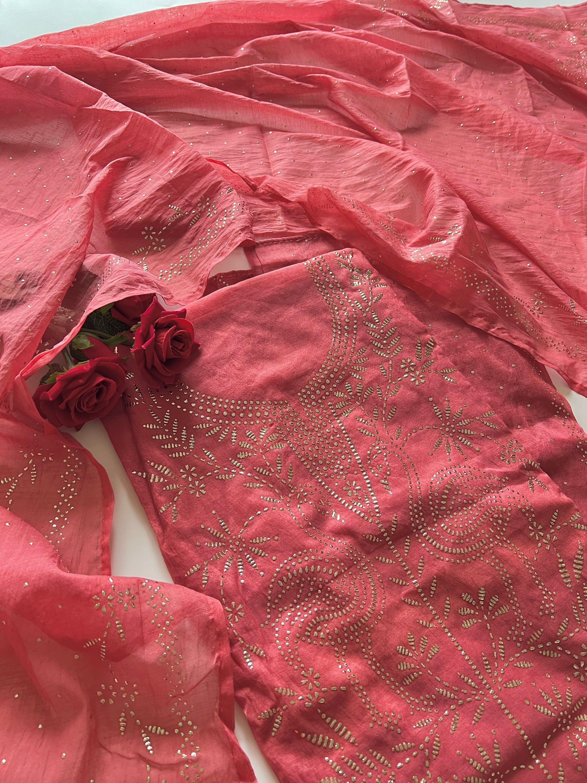 Mul Chanderi dress material with mukaish -Flamingo