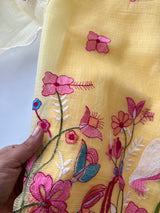 Yellow Kotta with flamingo embroidered kurta dupatta set Unstitched