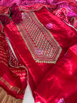 Red Gajji Silk With gotta work neck Unstitched suit
