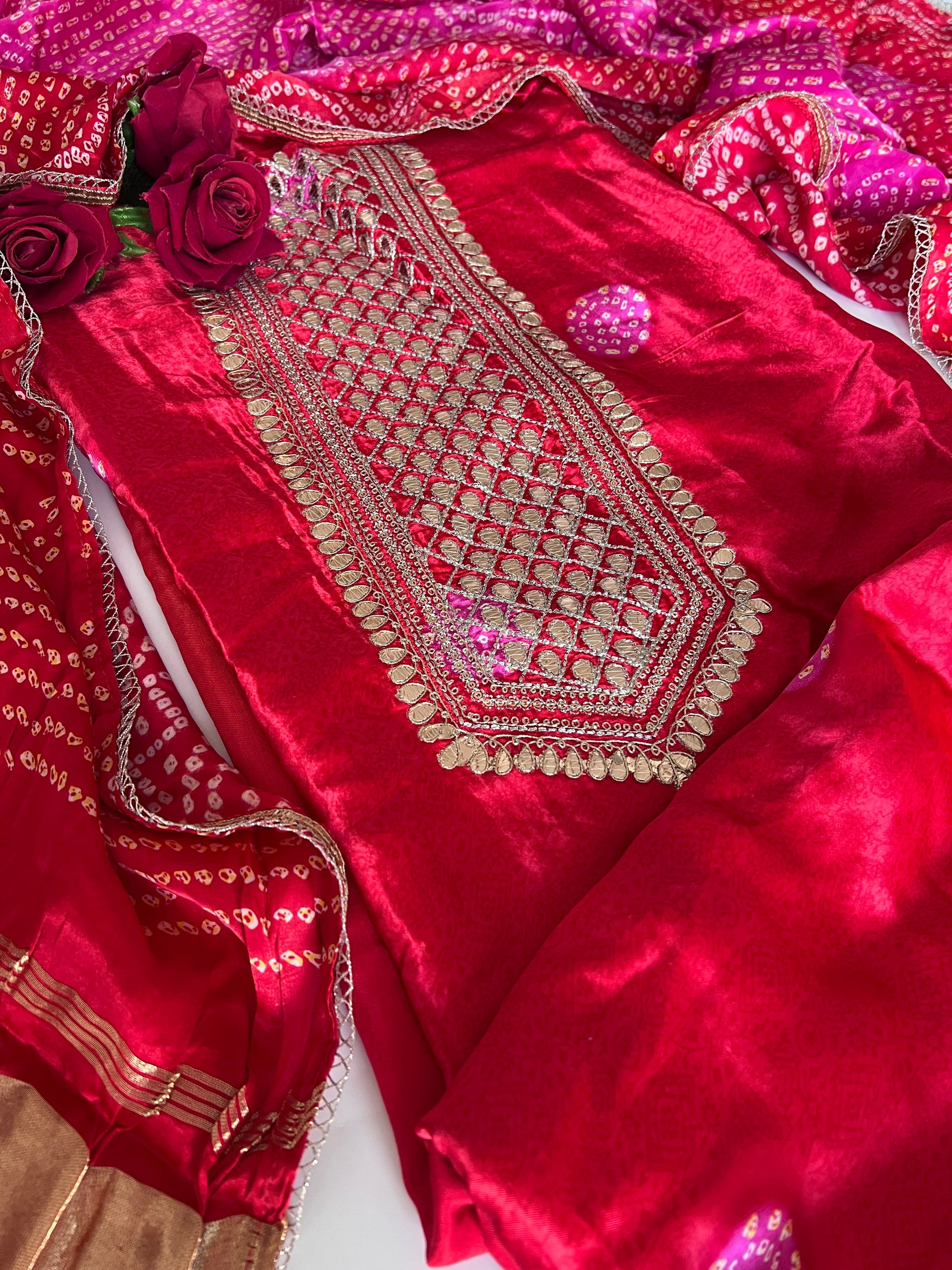 Red Gajji Silk With gotta work neck Unstitched suit