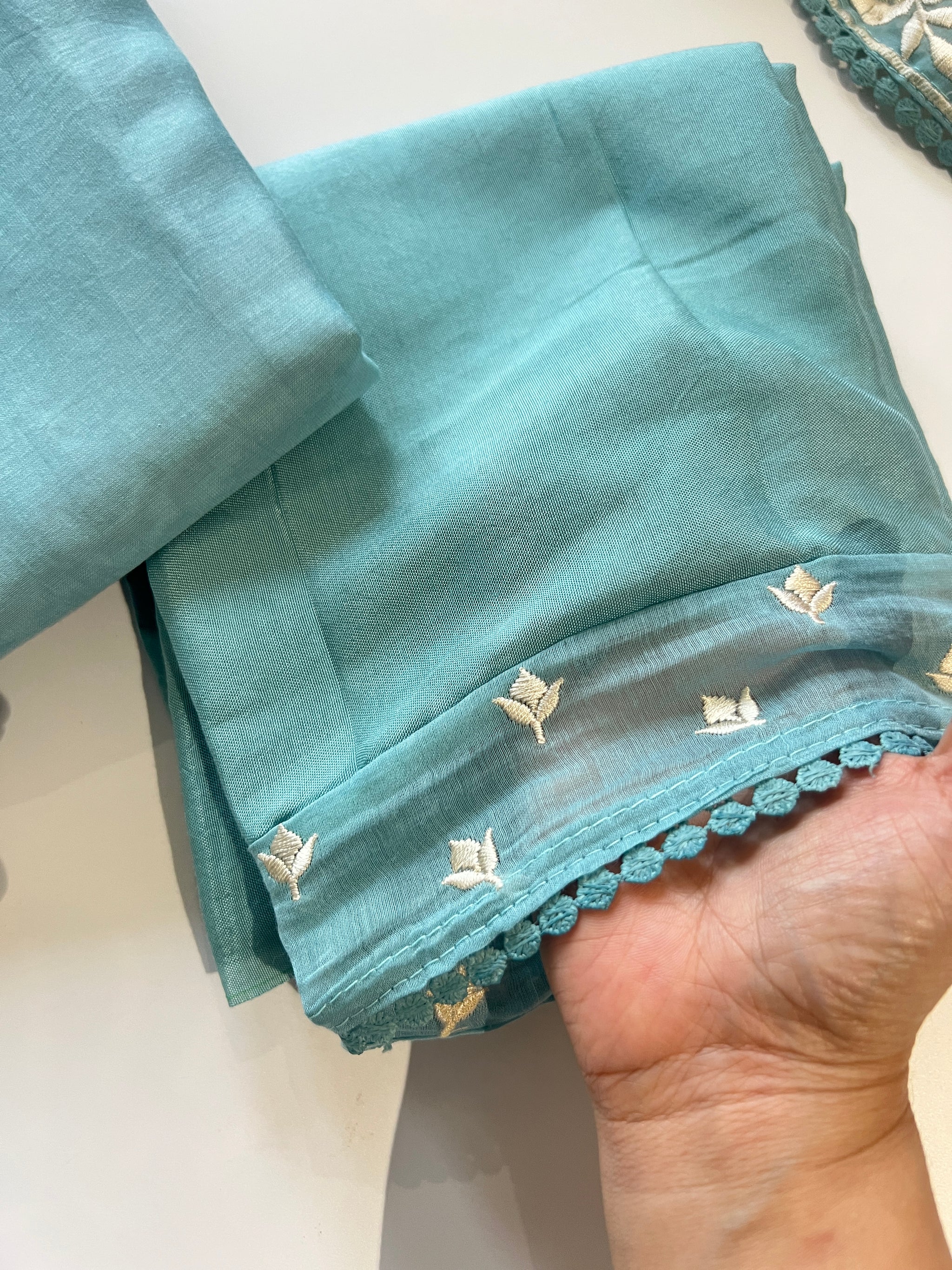 Blue Mul Chanderi Handwork with Parsi dupatta Unstitched Suit set