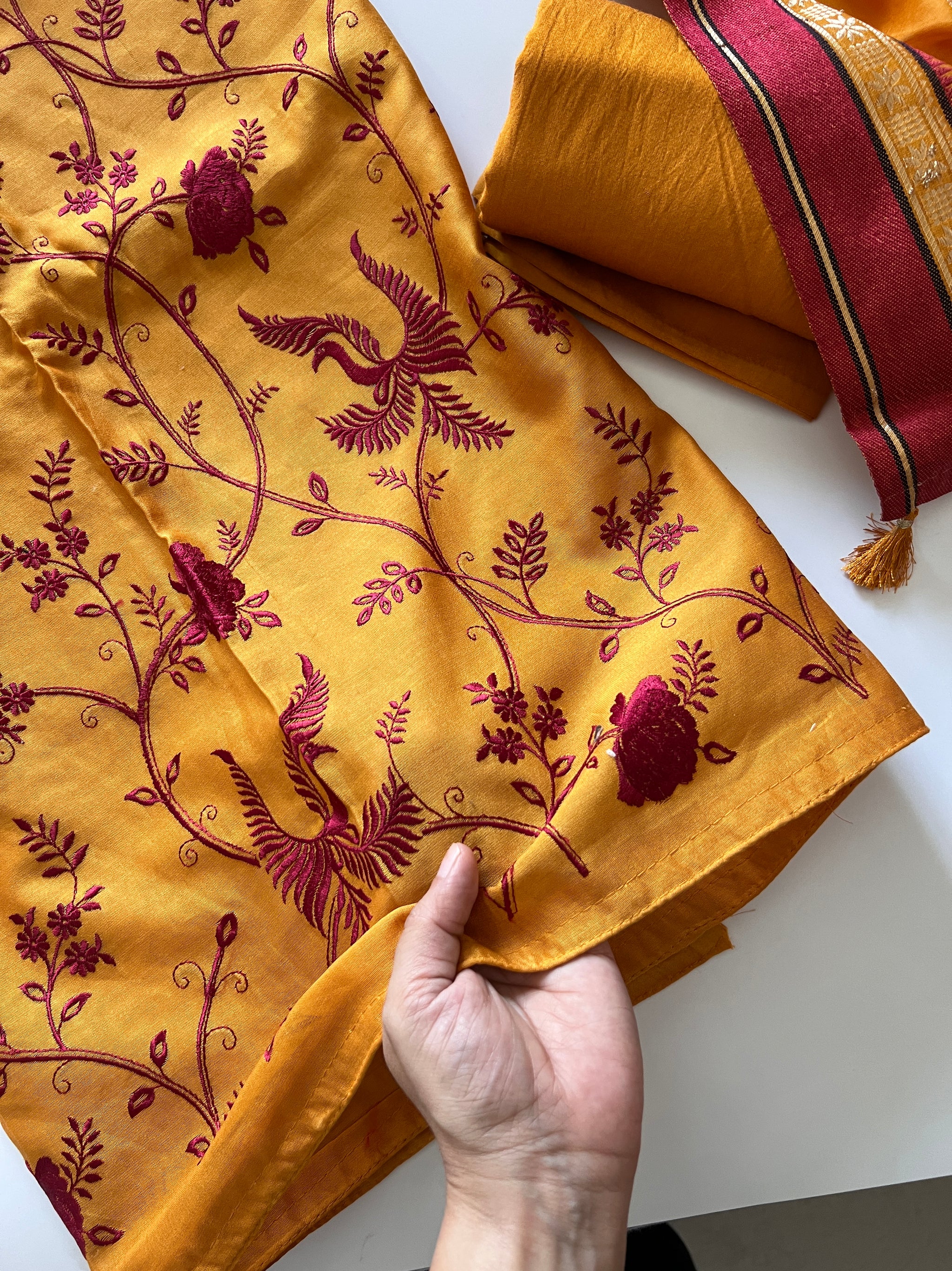 Yellow Pure Chanderi Parsi Thread embroidered Unstitched Suit
