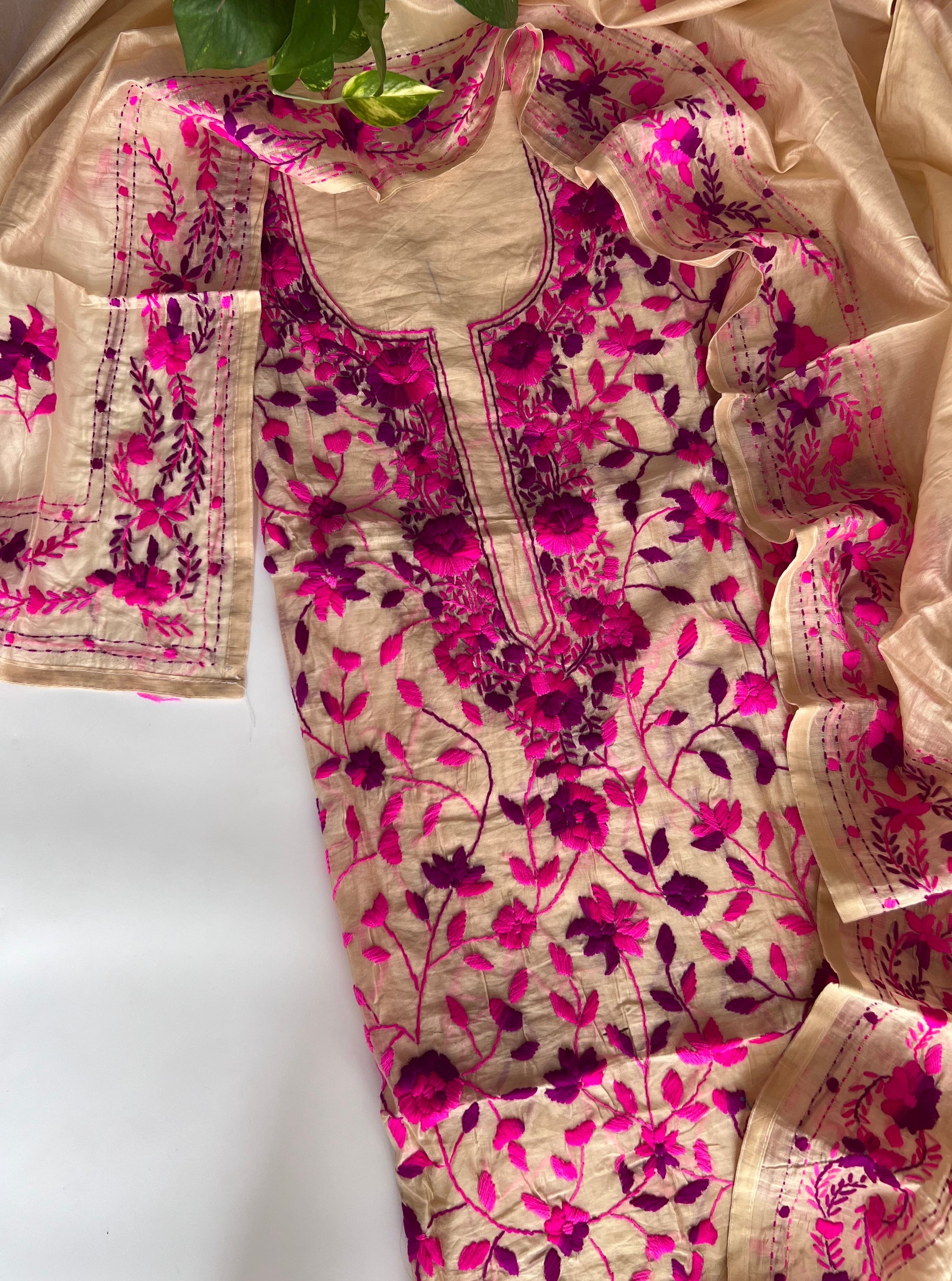 Phulkari pink embroidery on cream kurta Unstitched suit material