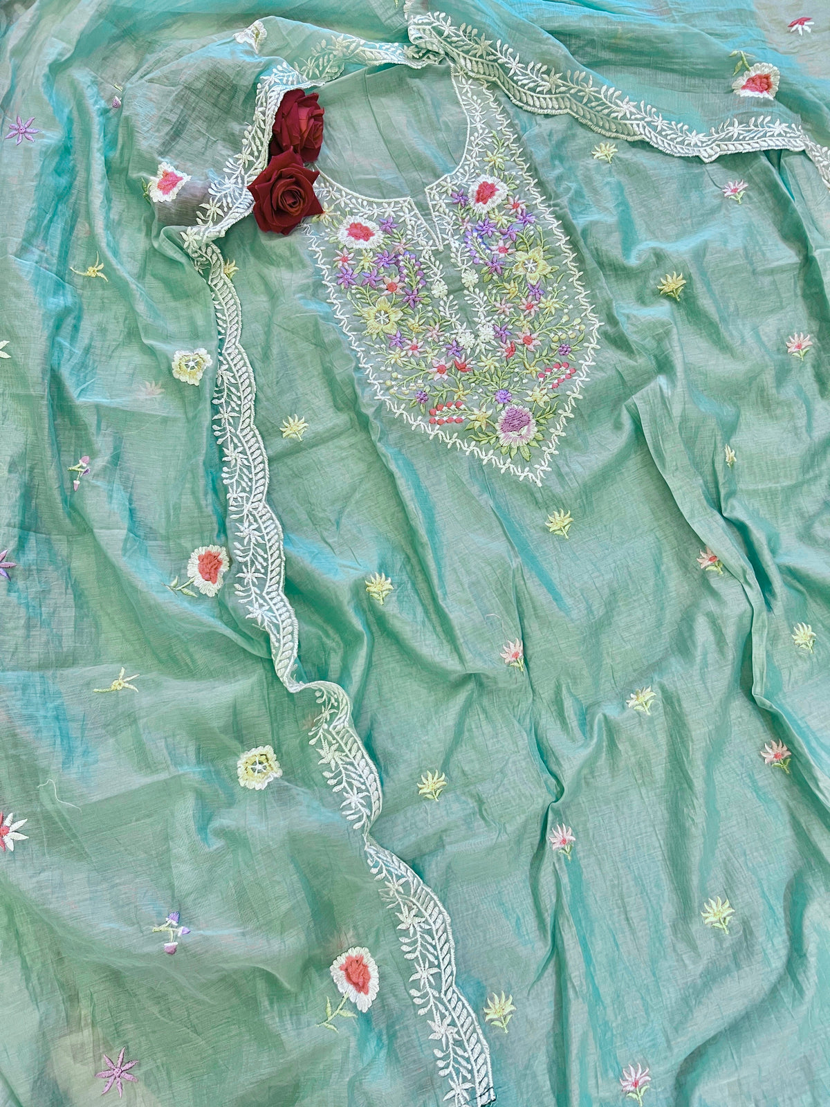 Blue Mul Chanderi Thread embroidered Unstitched Suit