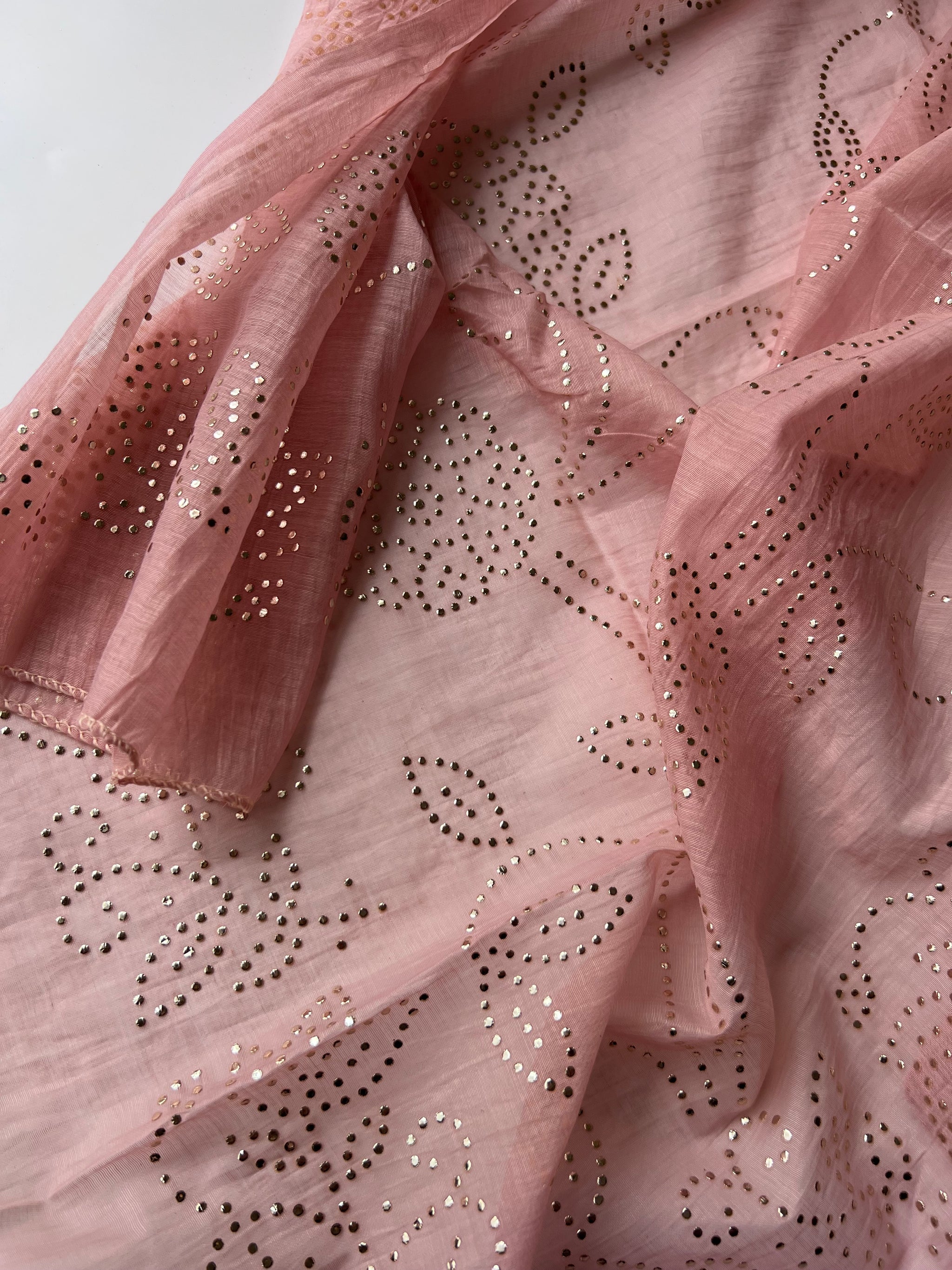 Pastel pink Mul Chanderi dress material with pitta and mukaish work