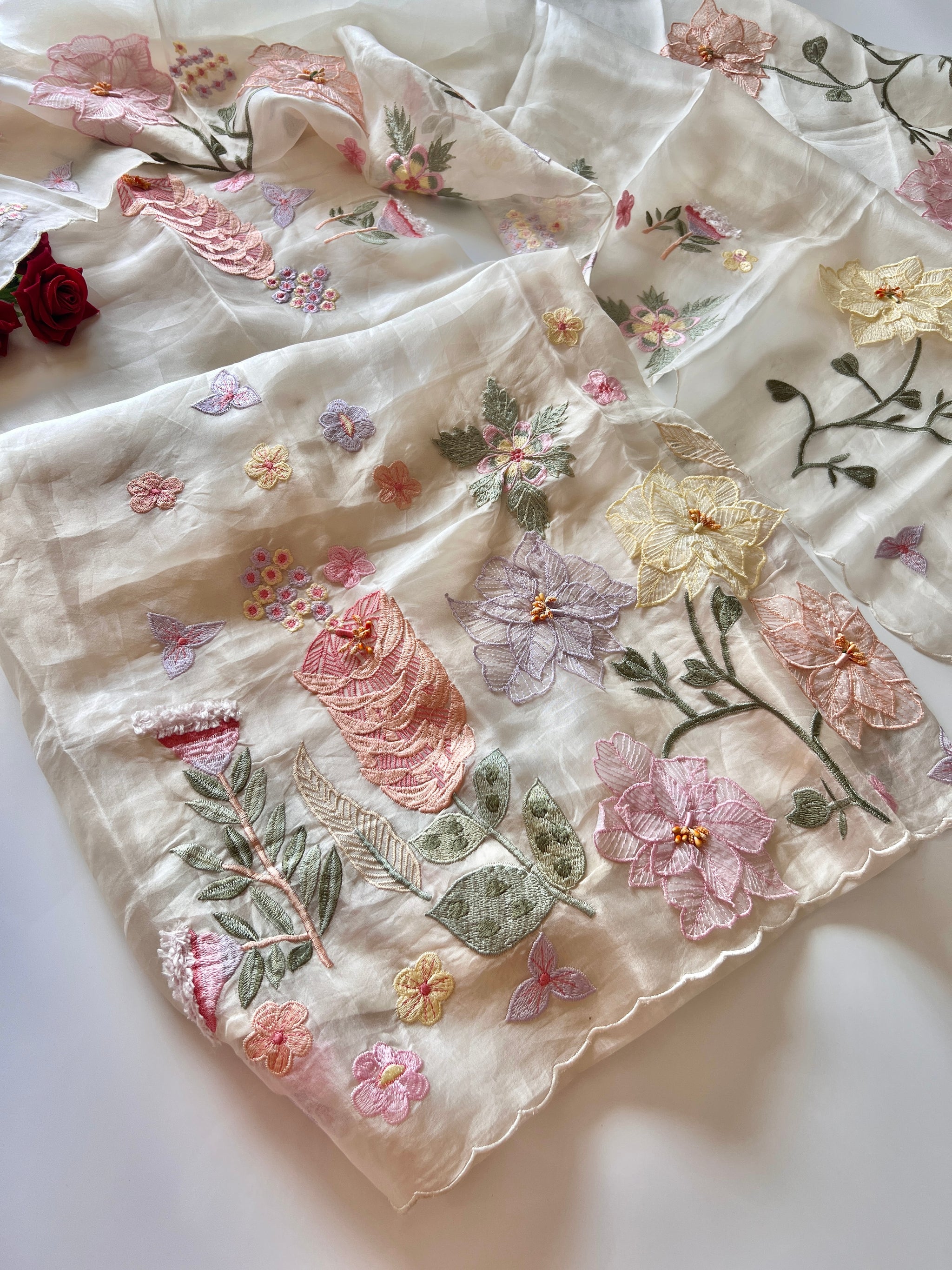 Off White 3D Embroidery on Organza premium unstitched dress material with floral work