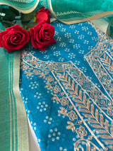 Blue soft Organza crepe with Pitta work and bandej