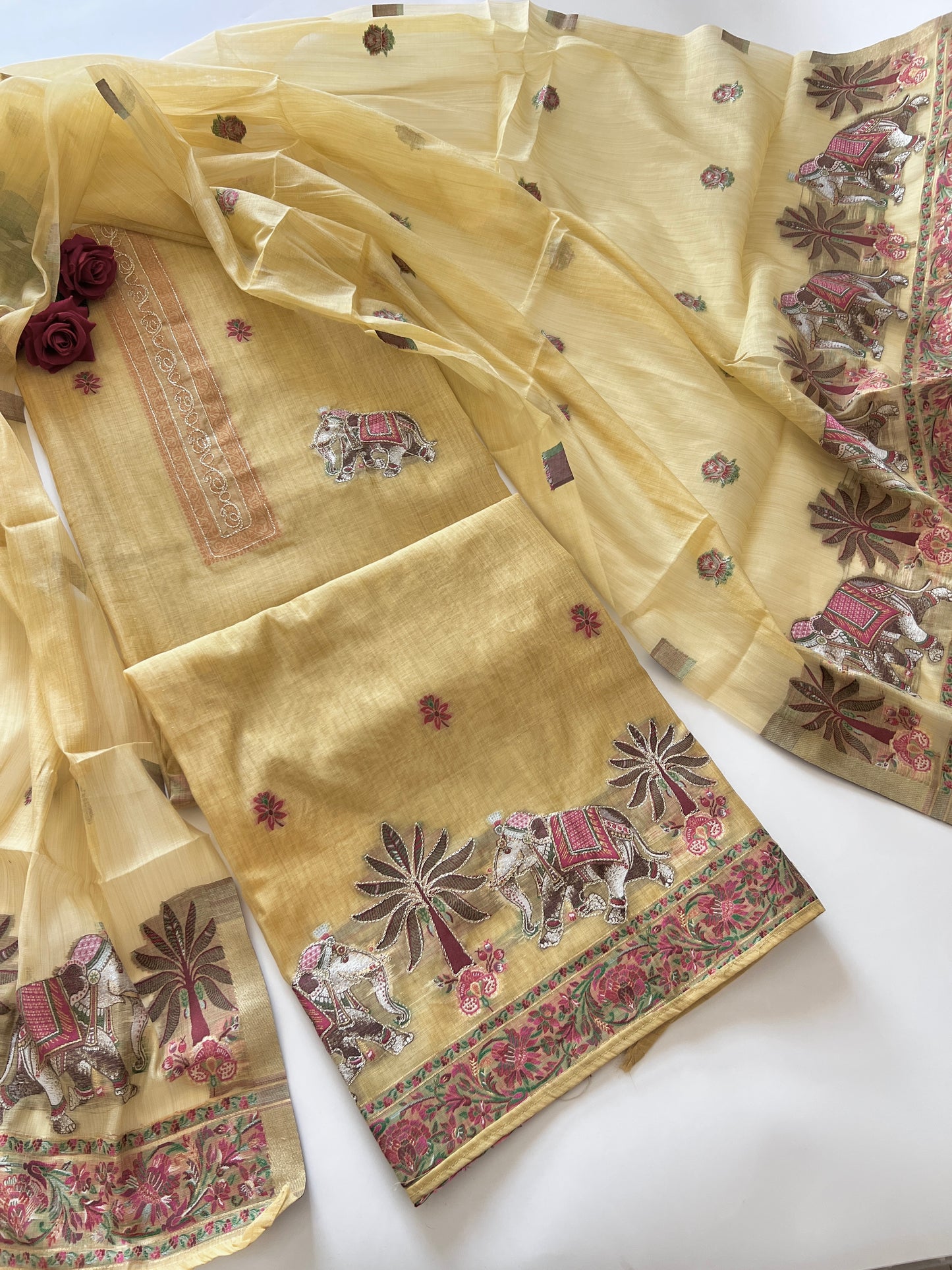 Yellow Cotton Jamdani work dress material unstitched Suit set
