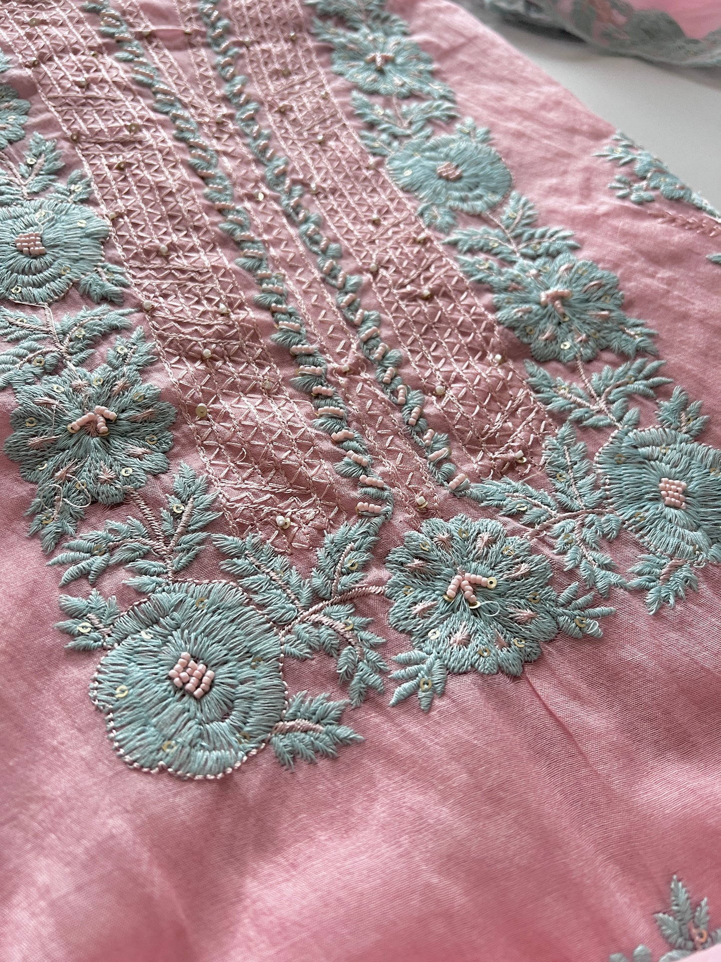Pink Mul Chanderi embroidered Unstitched Suit