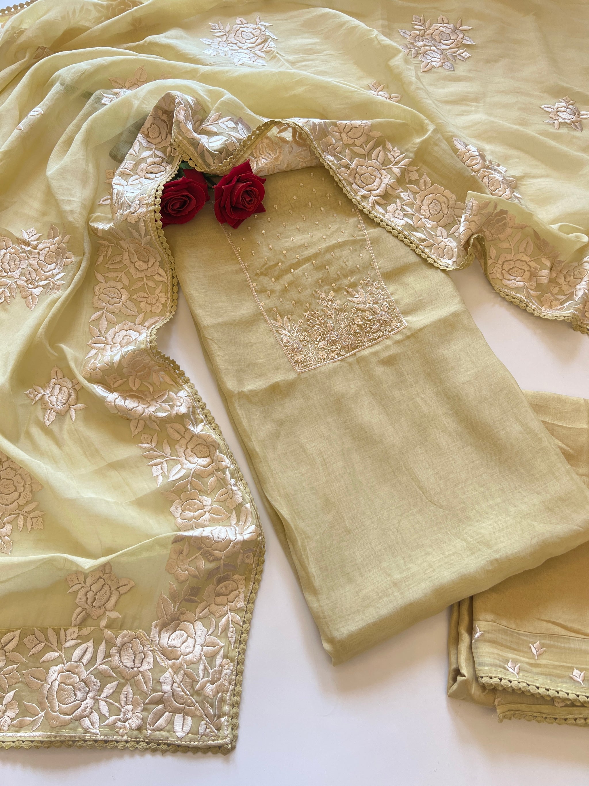 Mul Chanderi Handwork with Parsi dupatta Unstitched Suit set - Pastel yellow