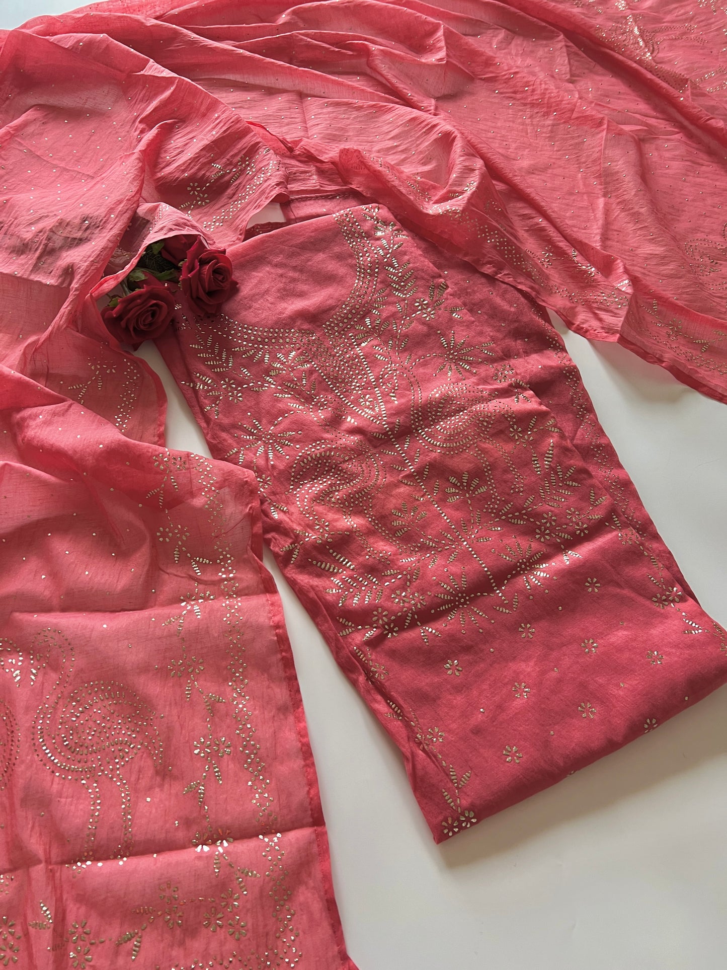 Mul Chanderi dress material with mukaish -Flamingo