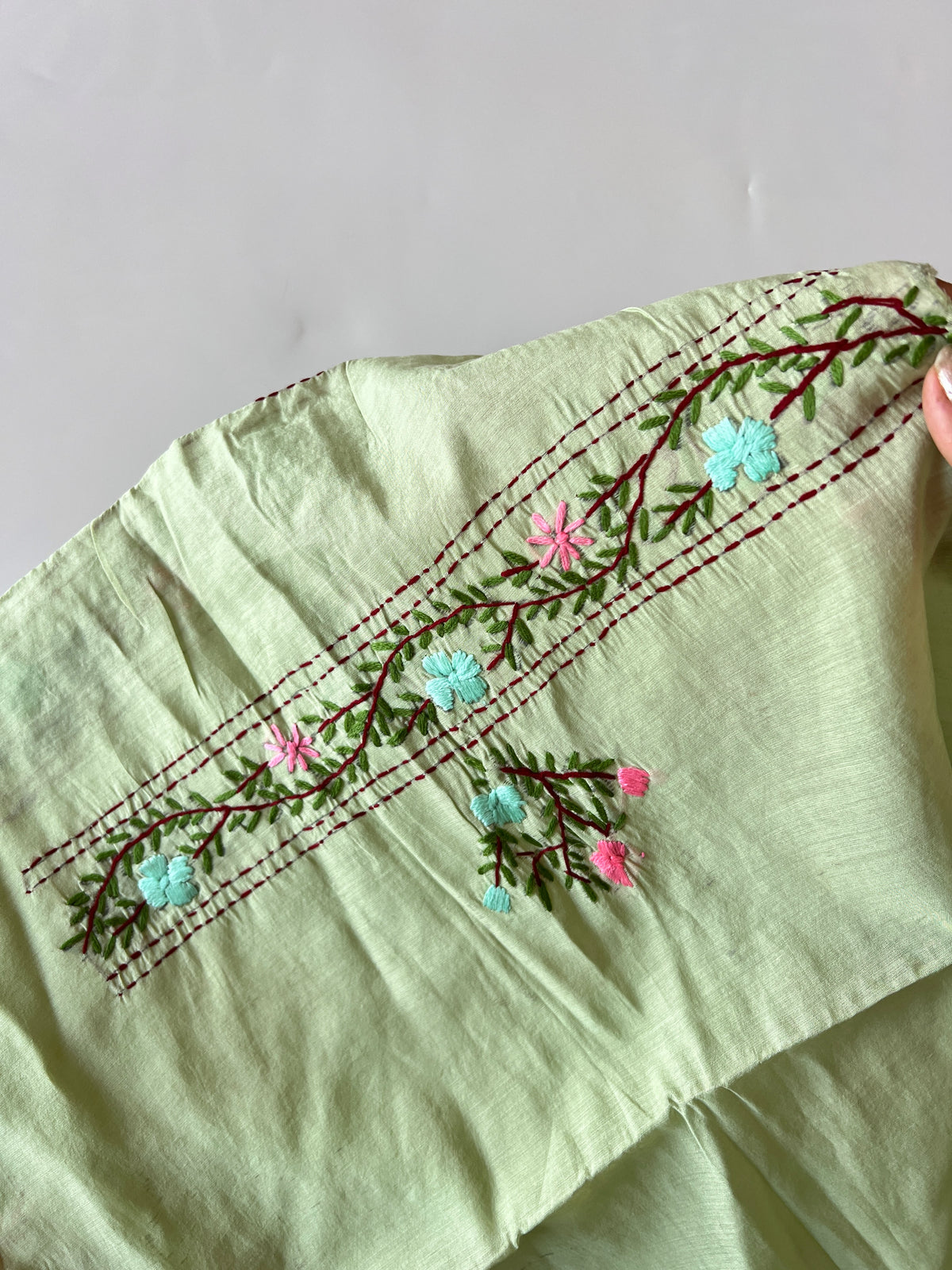 Pista green Phulkari embroidery Unstitched suit material