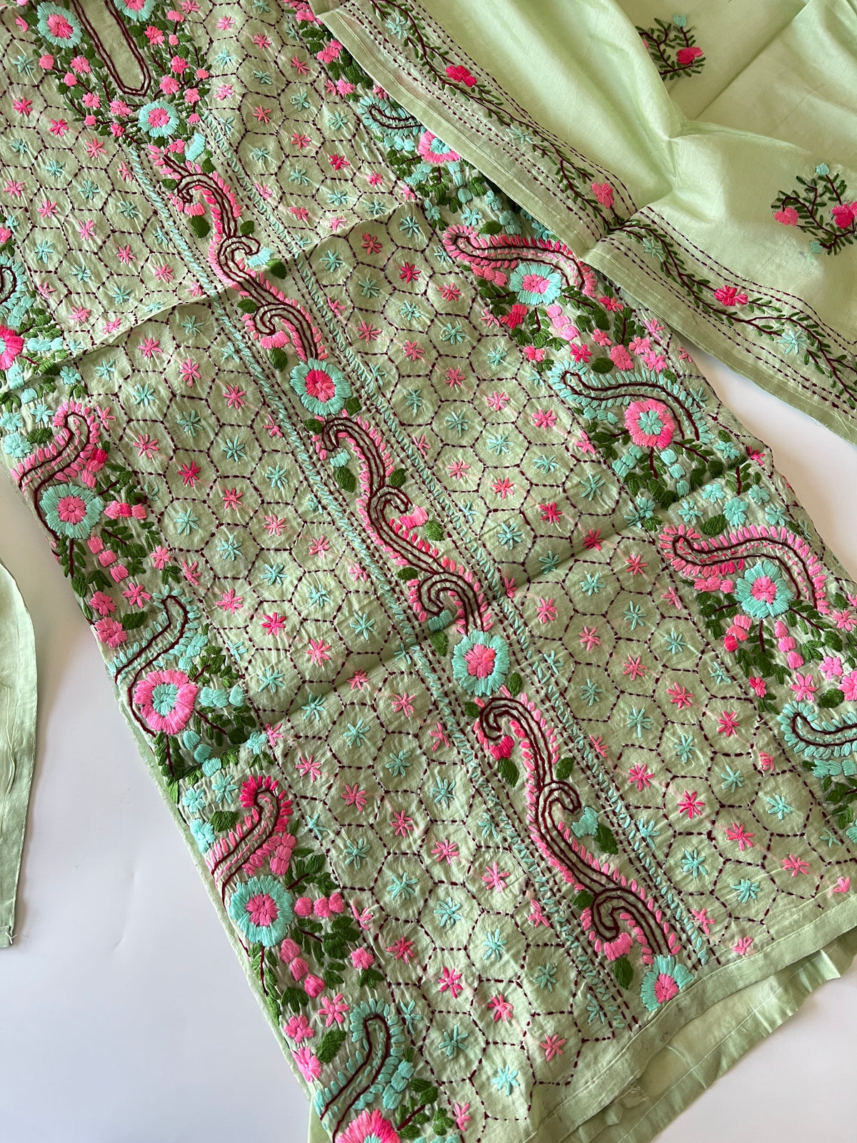Pista green Phulkari embroidery Unstitched suit material