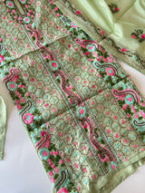 Pista green Phulkari embroidery Unstitched suit material