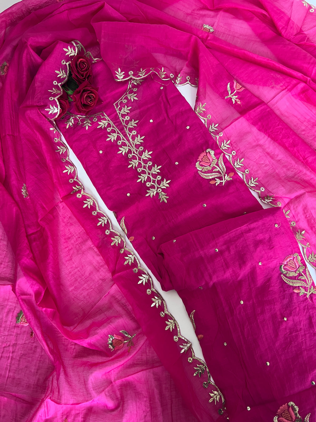 Pink Pitta with thread work on Mul Chanderi dress material - Unstitched Suit set